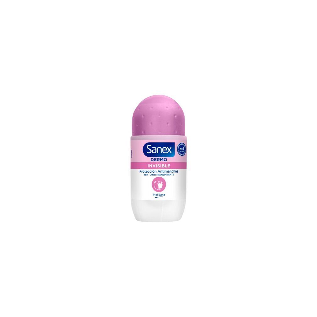 Roll-on-Deodorant mit rosa Kappe und weißem Behälter. Sanex-Logo und Produktbezeichnungen auf der Vorderseite.