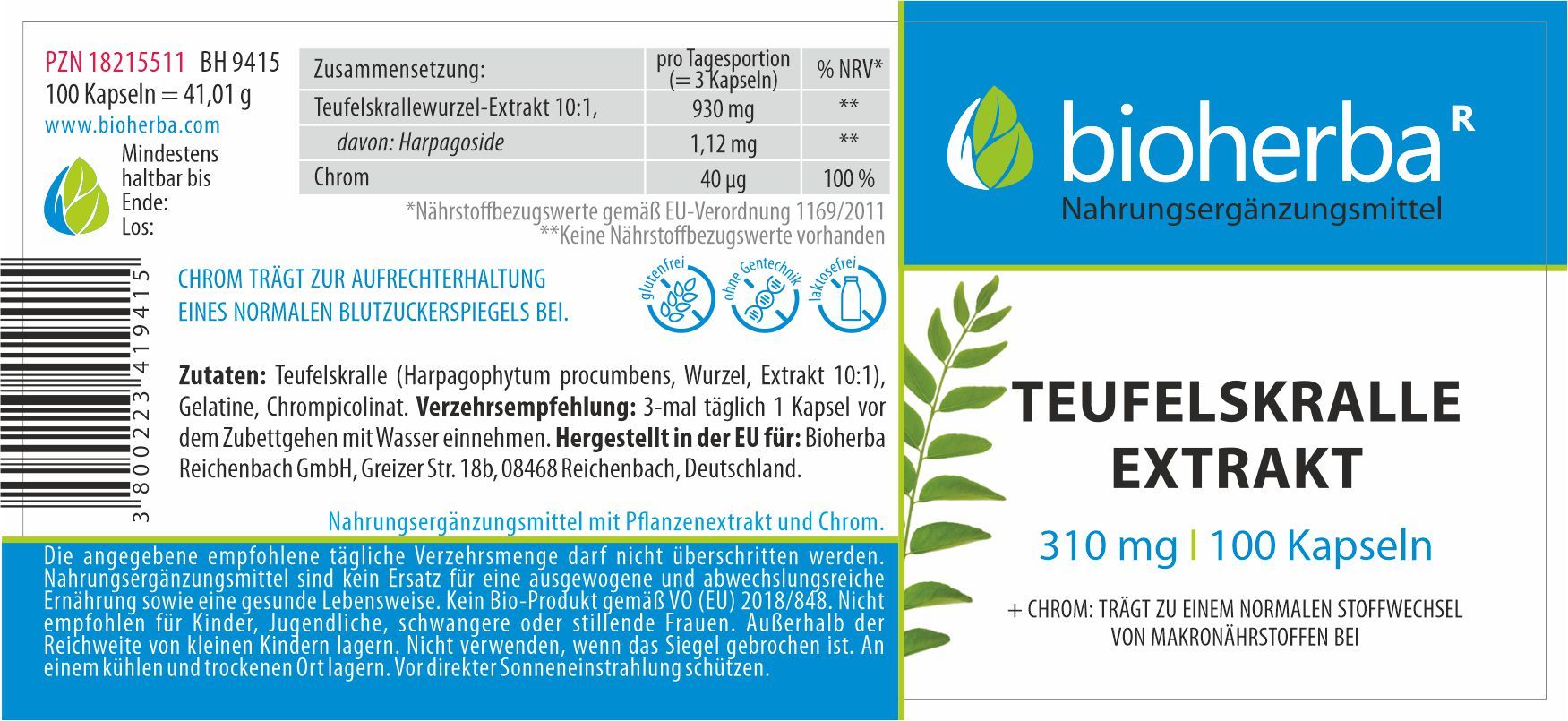 Etikett mit "bioherba" Logo, "Teufelskralle Extrakt" und Inhaltsangaben. Enthält Informationen zu Inhaltsstoffen und Nährwerten.