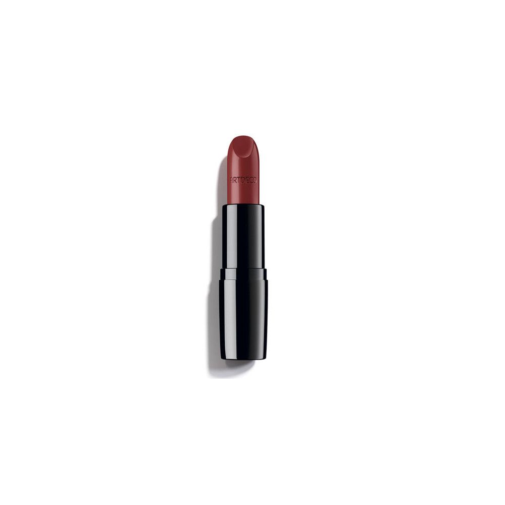 Roter Lippenstift in schwarzer Hülse. Der Lippenstift ist teilweise herausgedreht.