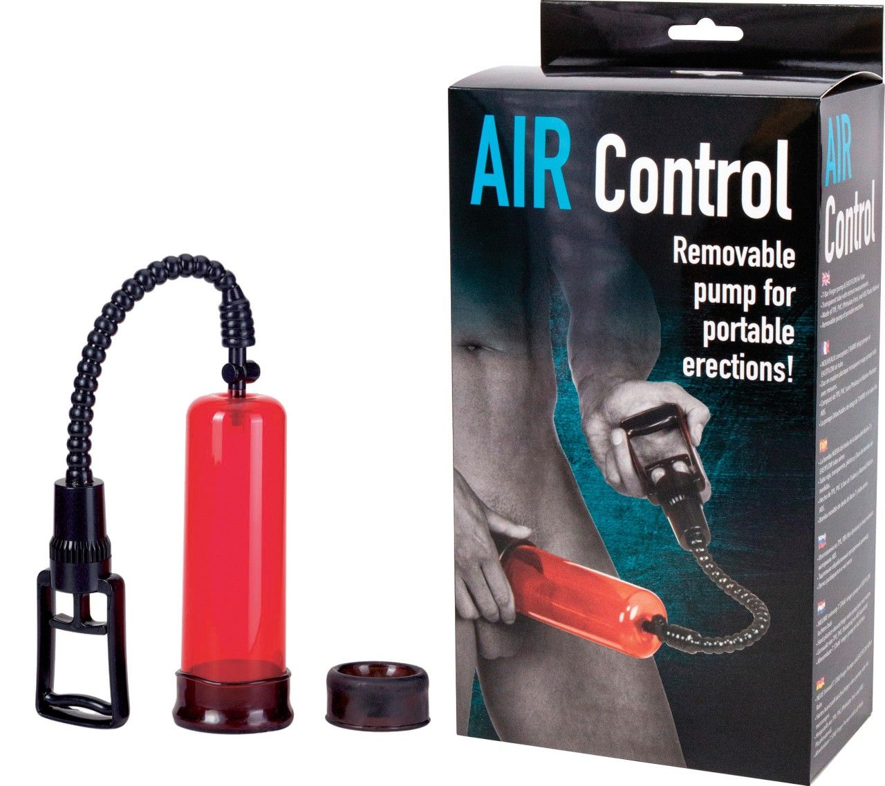 Produktverpackung. Roter Zylinder mit schwarzem Schlauch und Griff. Separater Ring. Text: AIR Control.