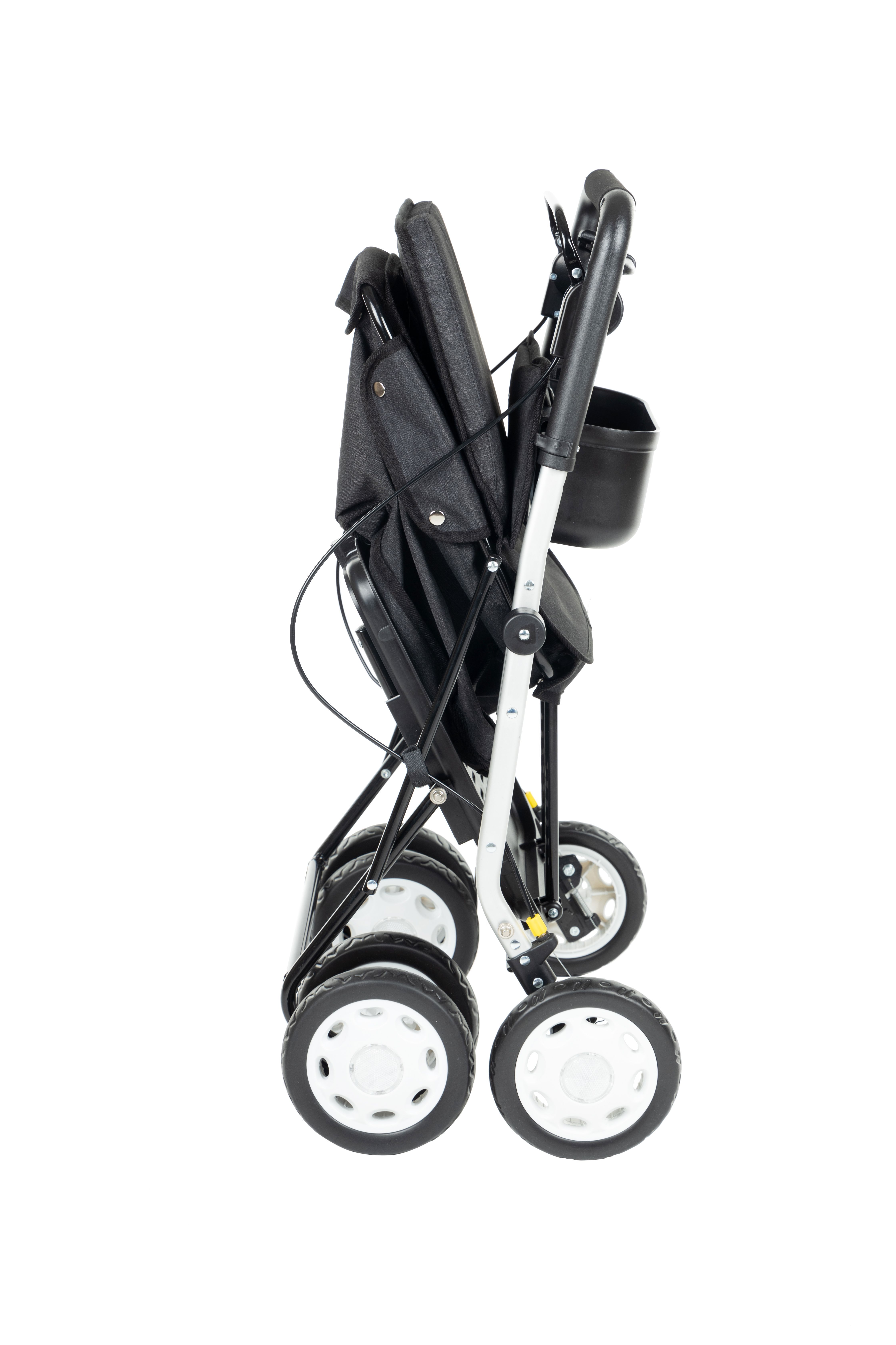 Zusammengeklappter Gehstock mit Sitz. Schwarzes Gestell, grauer Sitz und Tasche. Seitenansicht.