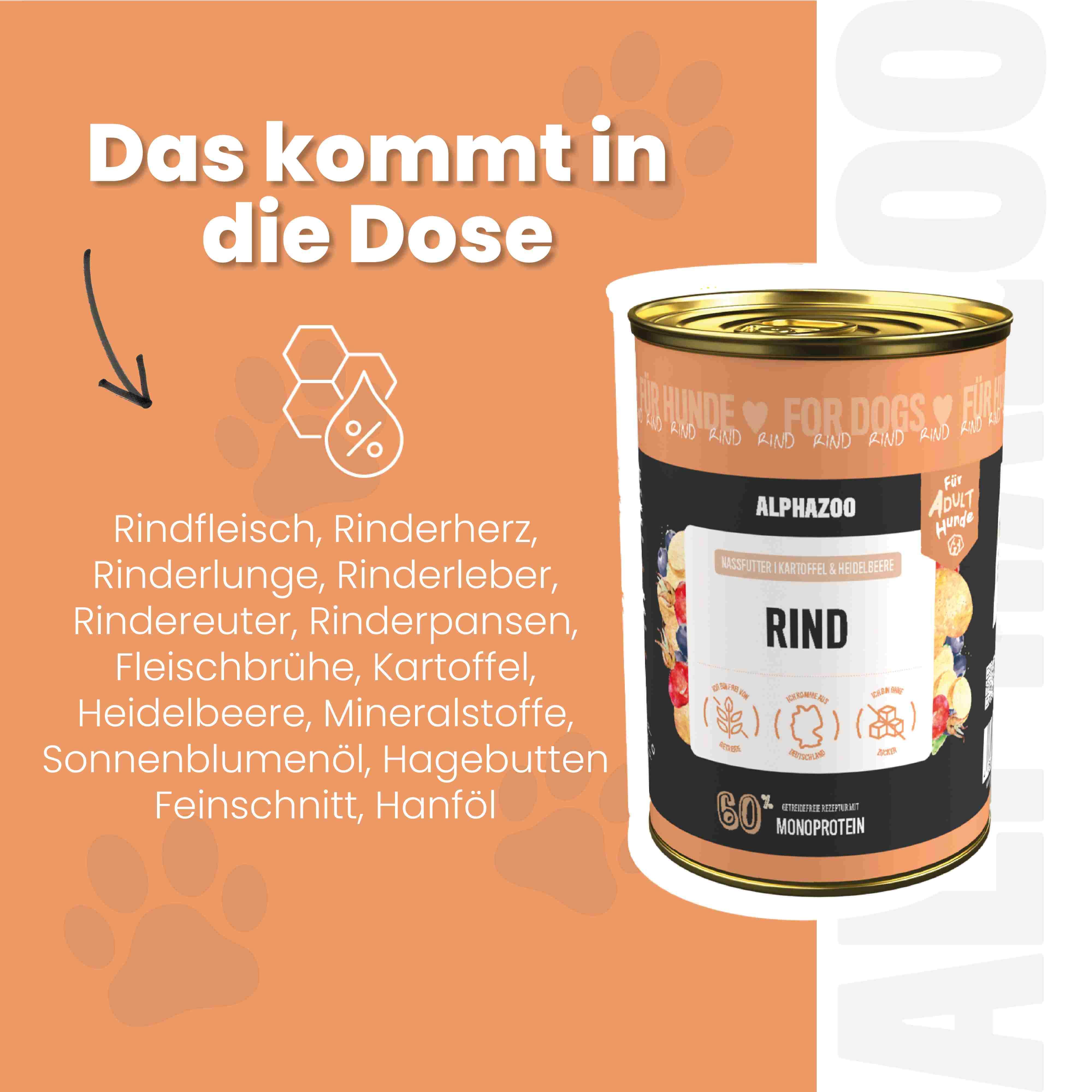 Dose Nassfutter Rind mit Zutaten: Rindfleisch, Innereien, Gemüse, Früchte. Text: ALPHAZOO, 80% Monoprotein.