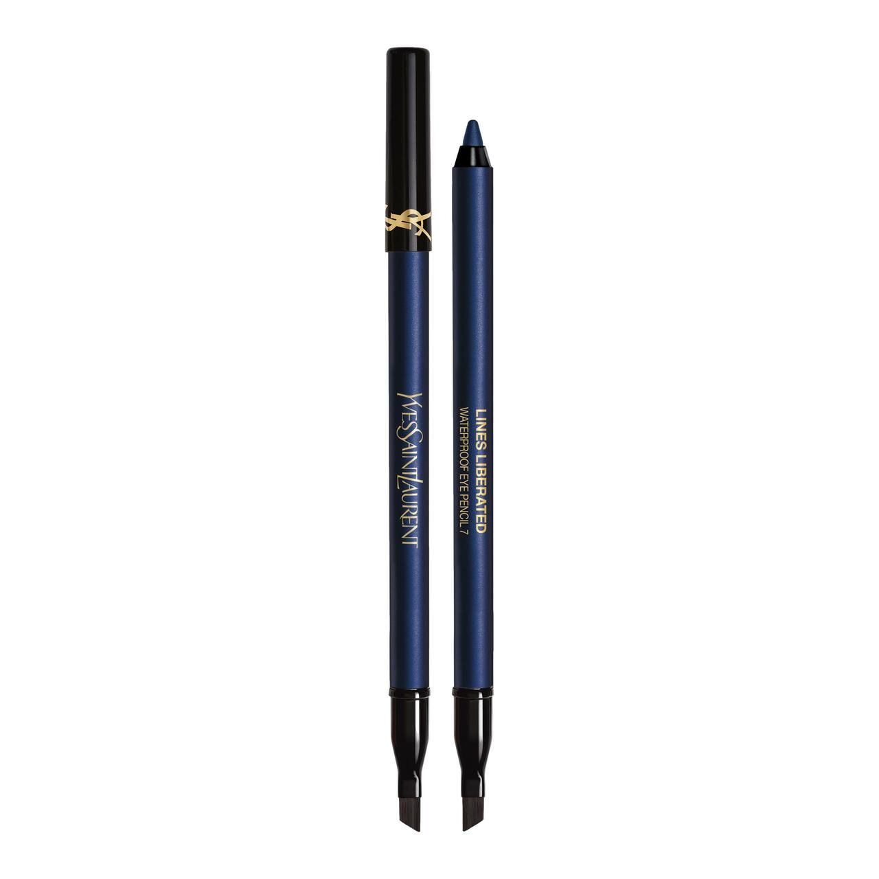 Zwei dunkelblaue wasserfeste Augenstifte mit goldenem YSL-Logo und schwarzer Kappe.