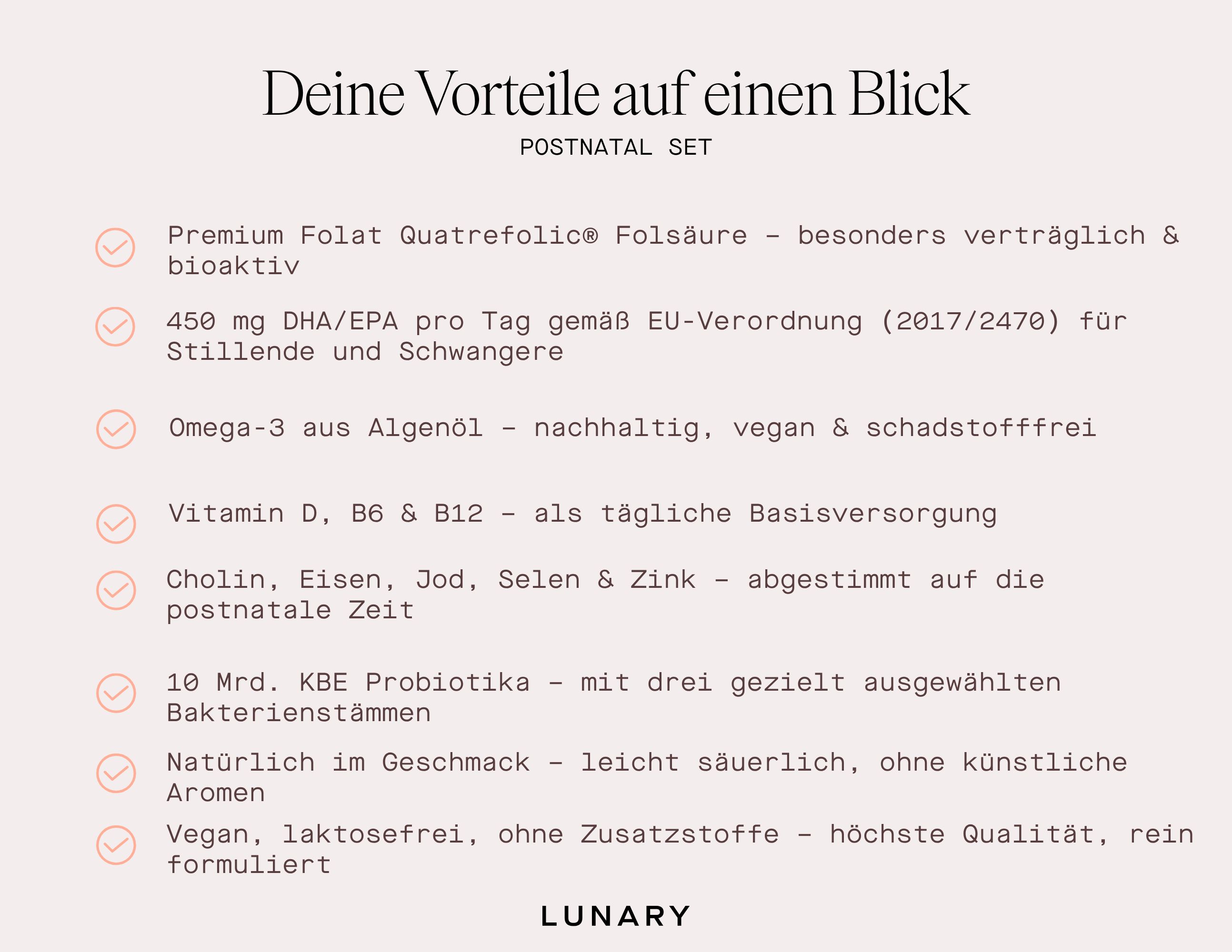 Infografik: Vorteile des Postnatal Set. Aufzählungspunkte mit Produktvorteilen.