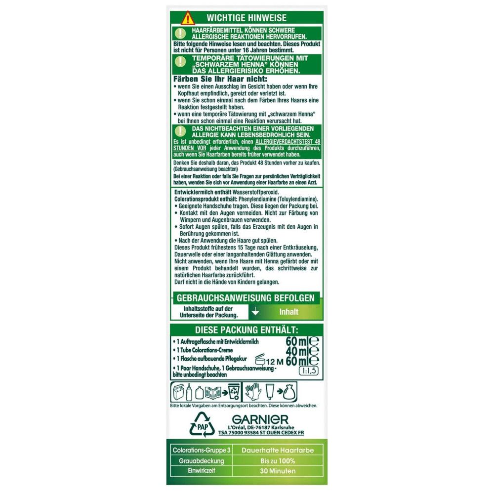 Rückseite der Garnier Nutrisse Ultra Crème Verpackung. Enthält Warnhinweise, Gebrauchsanweisung und Inhaltsstoffe. Text in deutscher Sprache.