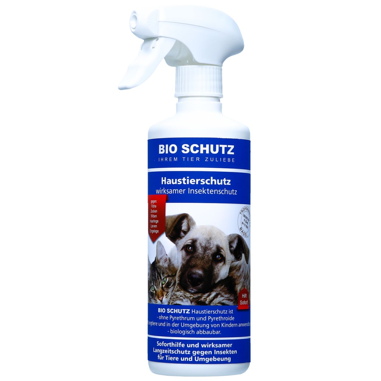 Weiße Sprühflasche mit blauem Etikett. Aufschrift: BIO SCHUTZ, Haustierschutz. Abbildung von Hund und Katze. Text: wirksamer Insektenschutz.