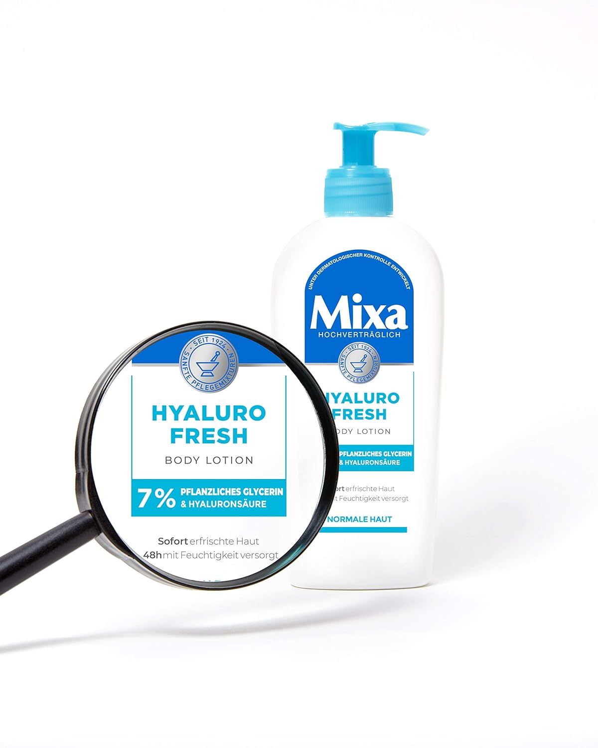 Lupe vergrößert Text auf einer Mixa Hyaluro Fresh Body Lotion-Flasche. Text: Hyaluro Fresh, 7% pflanzliches Glycerin & Hyaluronsäure.