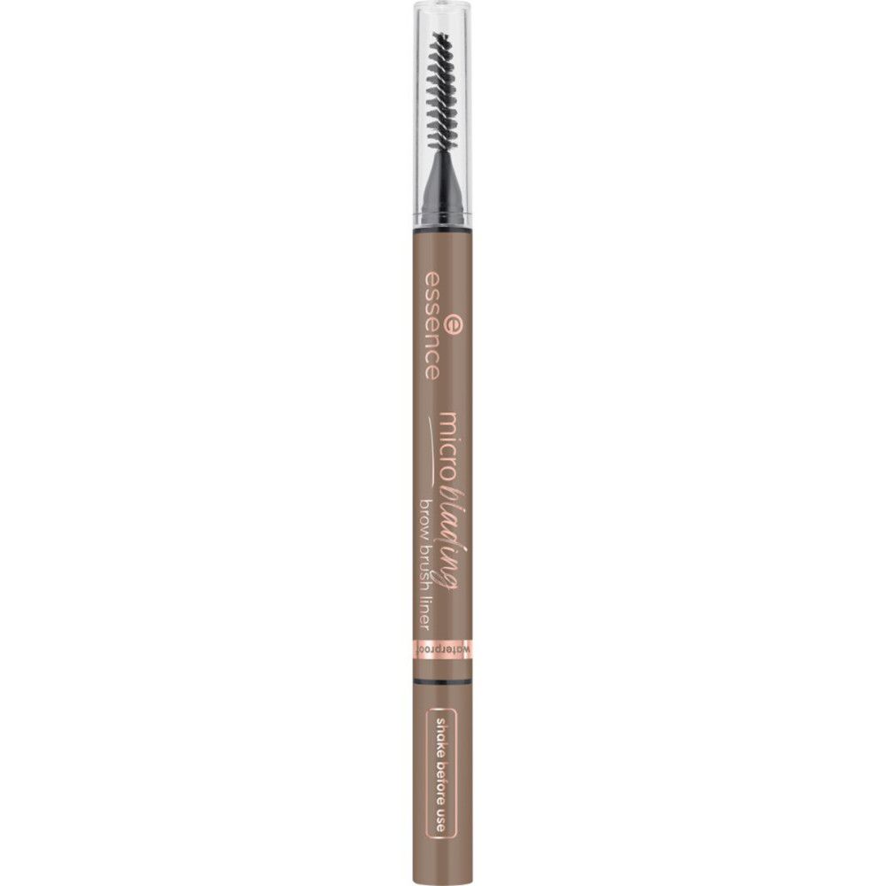 Brauenstift mit Bürste. Hellbrauner Stift mit schwarzer Bürste und transparentem Deckel. Aufschrift: Microblading brow brush liner.