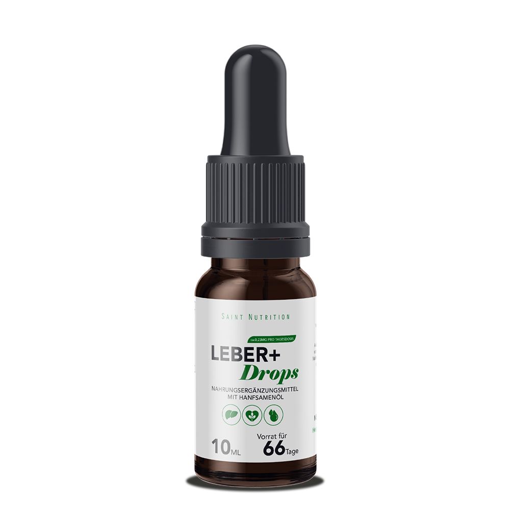 Braune Glasflasche mit schwarzem Deckel und Pipette. Beschriftung: LEBER+ Drops. 10 ml, 66 Tage Vorrat.