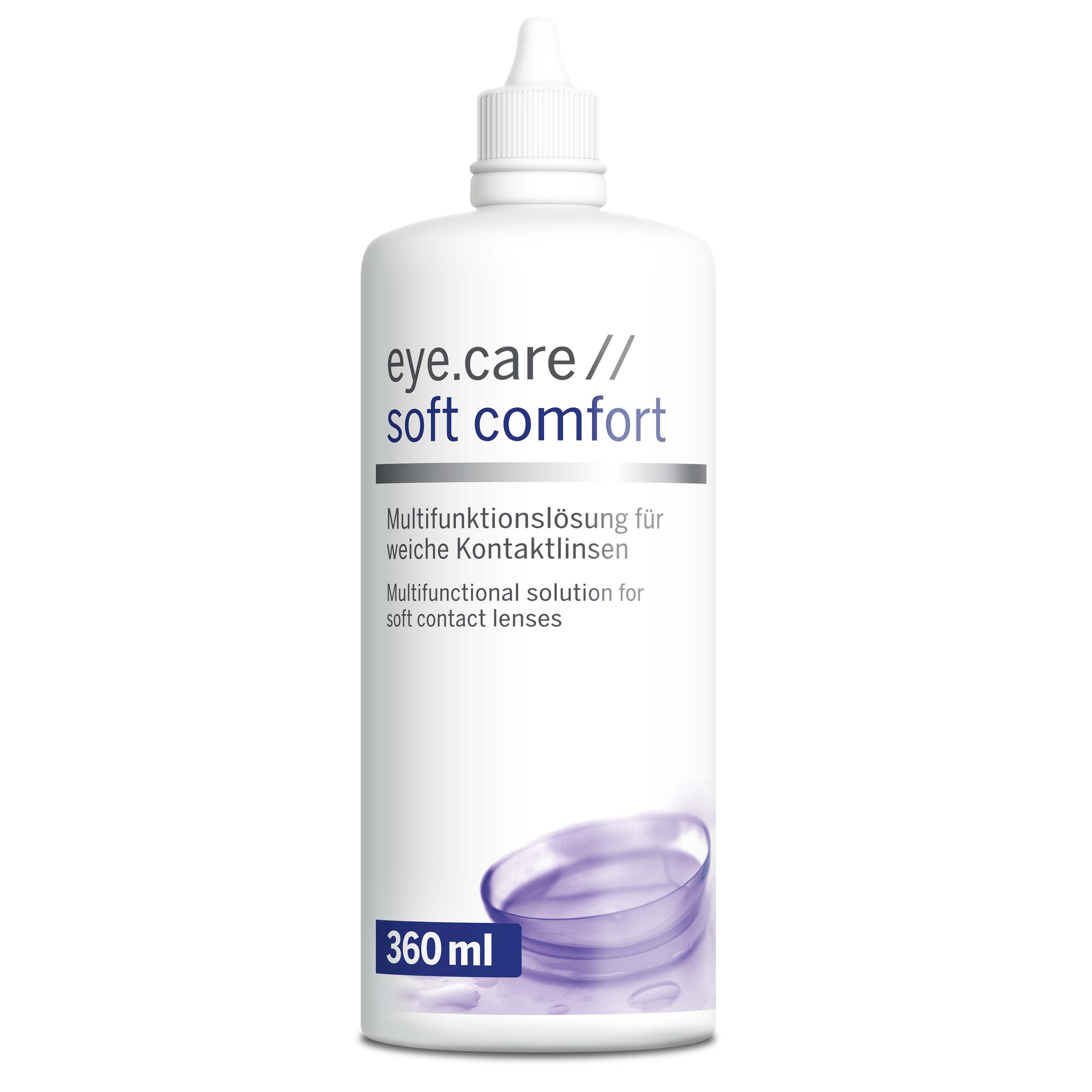 Weiße Flasche mit "eye.care // soft comfort"-Aufdruck. Enthält 360 ml. Beschriftung: Multifunktionslösung für weiche Kontaktlinsen.