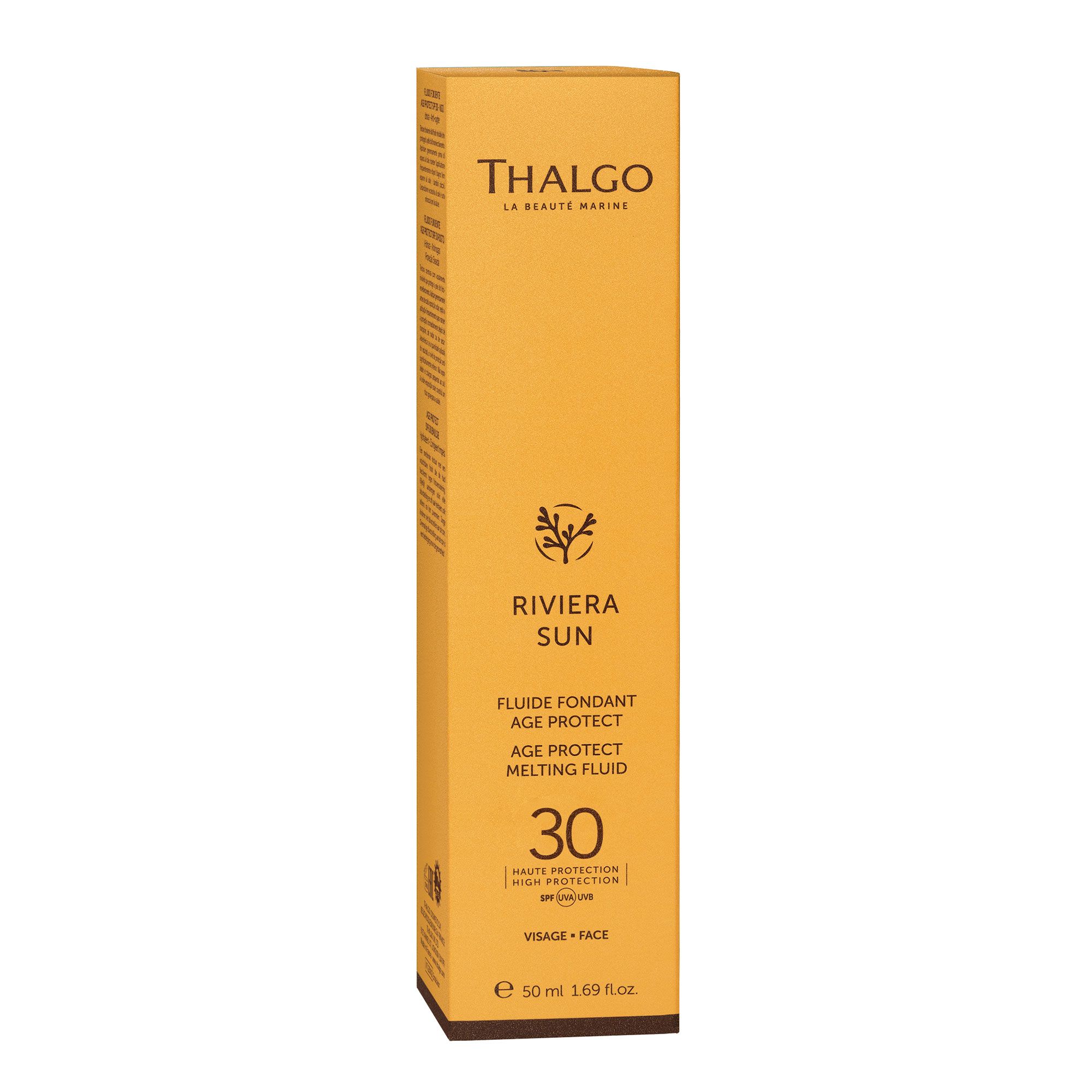 Gelbe Verpackung von THALGO Riviera Sun Sonnenschutz-Fluid LSF 30. Produktbezeichnungen, Logo und Inhaltsangaben.