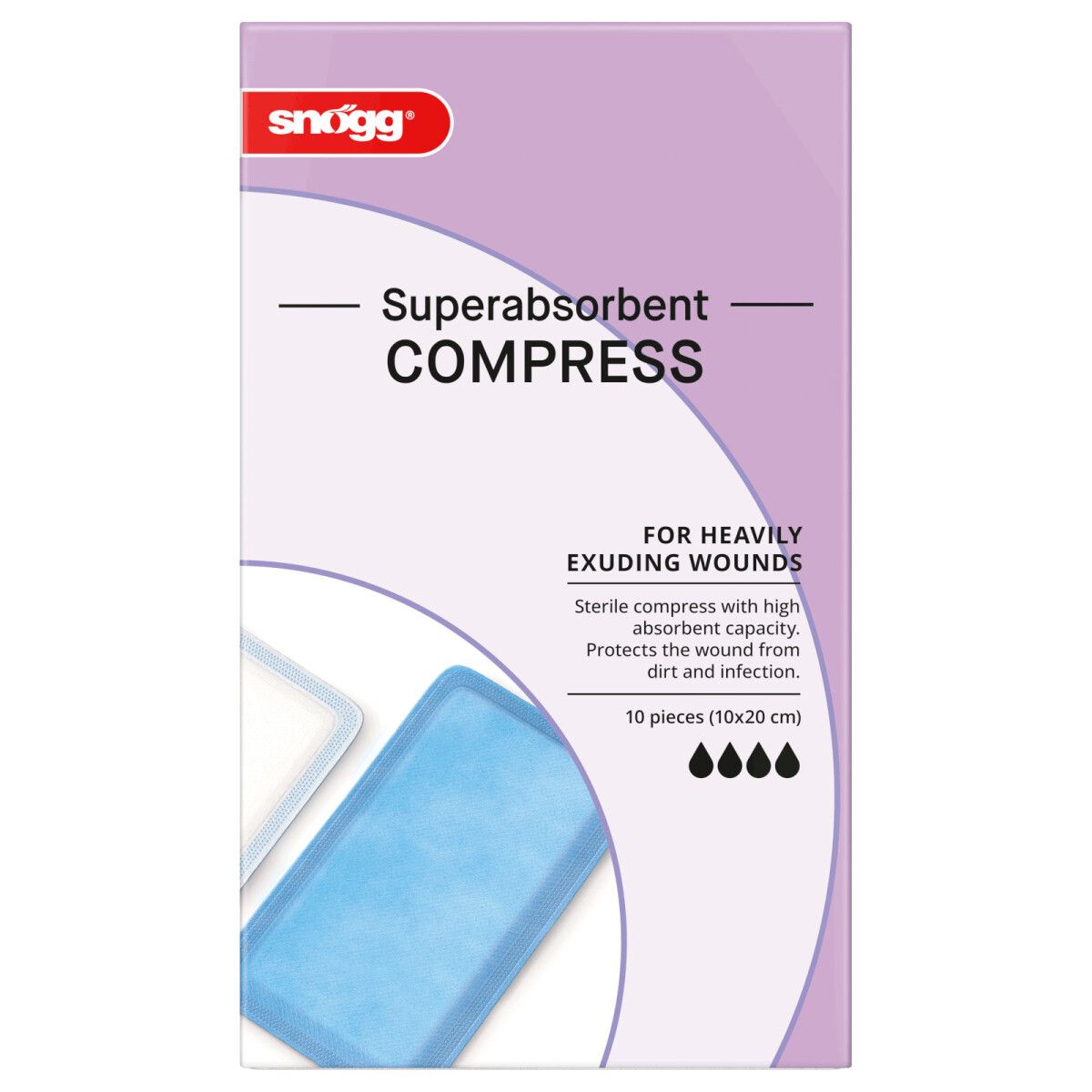 Verpackung Snögg Superabsorbent Compress, 10 Stück (10x20 cm). Für stark exsudierende Wunden.