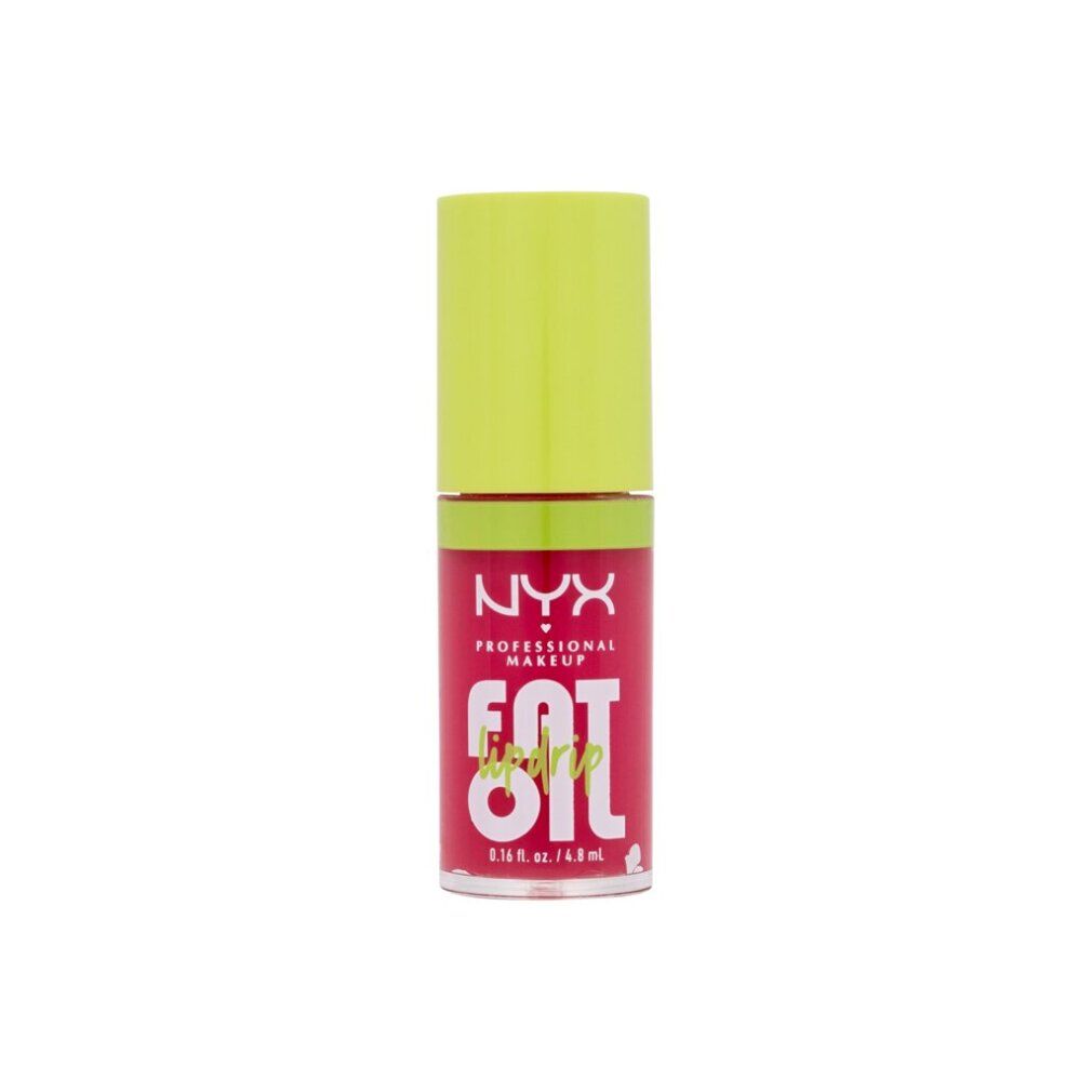 Lippenöl-Tube mit neongrünem Deckel. Aufschrift: NYX PROFESSIONAL MAKEUP, FAT oil lip drip. Rosa Verpackung, transparente Basis. 0.16 fl. oz. / 4.8 ml.