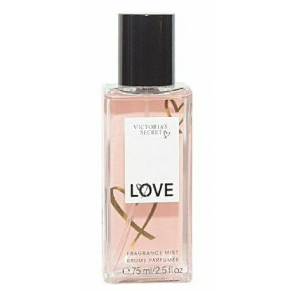 Rechteckige Flasche mit schwarzem Deckel. Aufschrift "Victoria's Secret LOVE". Goldene Herz-Grafik. "Fragrance Mist" und Volumenangabe.