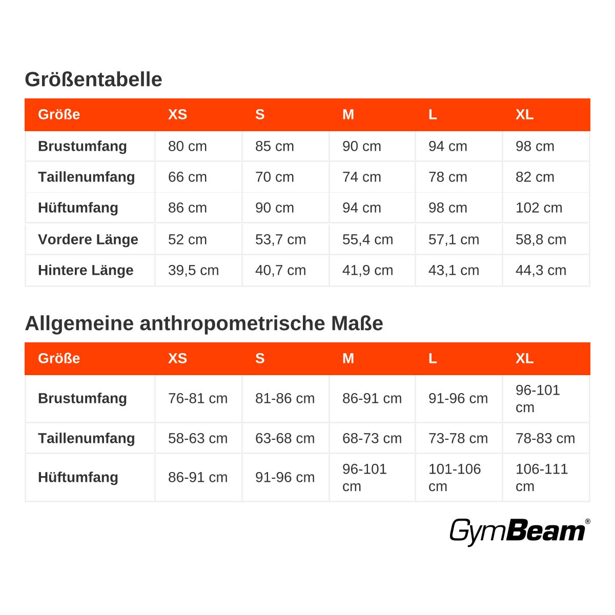 Größentabelle mit Maßen für Brustumfang, Taillenumfang, Hüftumfang, vordere und hintere Länge in den Größen XS bis XL.