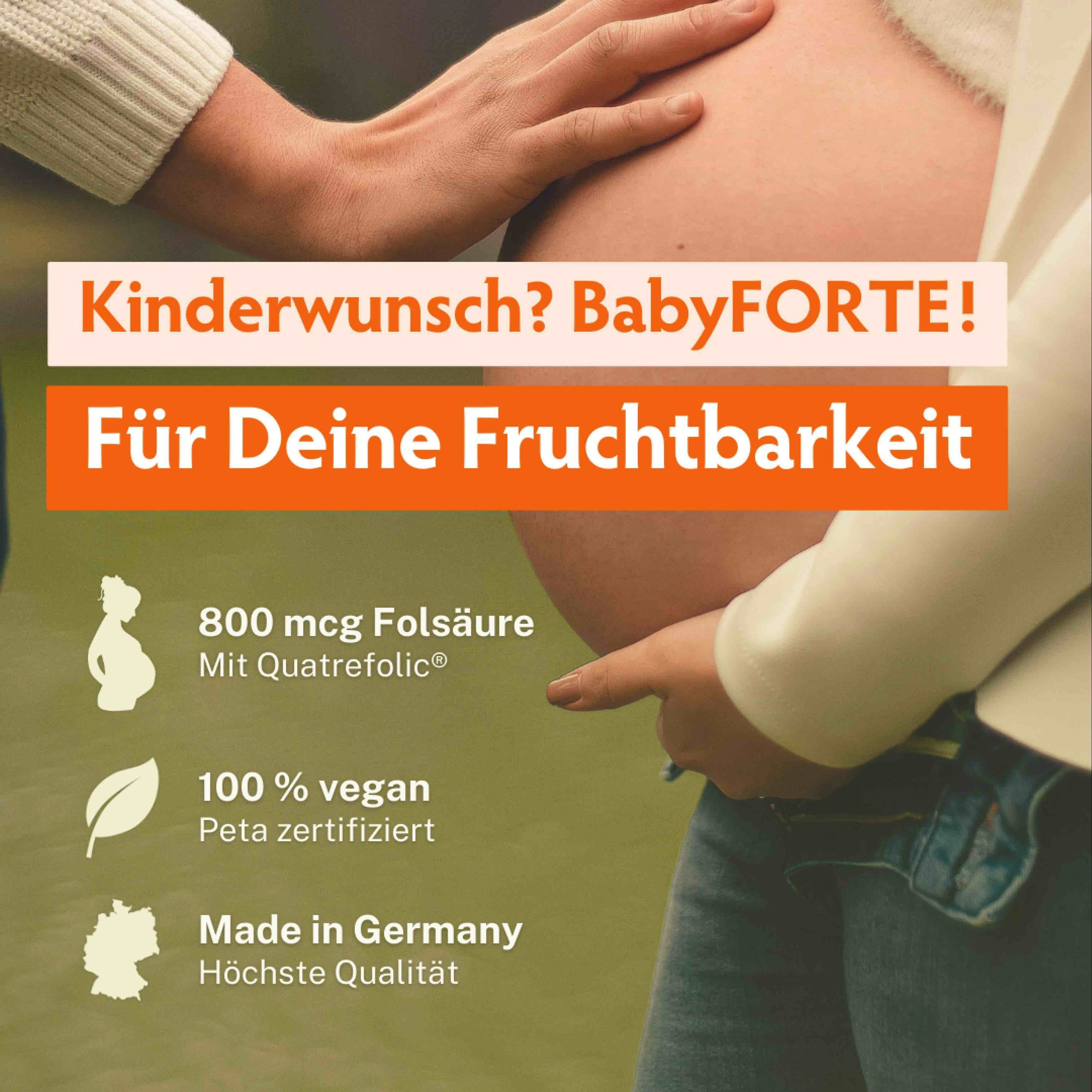 BabyFORTE: 18 Nährstoffe, 800 mcg Folsäure mit Quatrefolic®, für die Vorbereitung der Schwangerschaft.