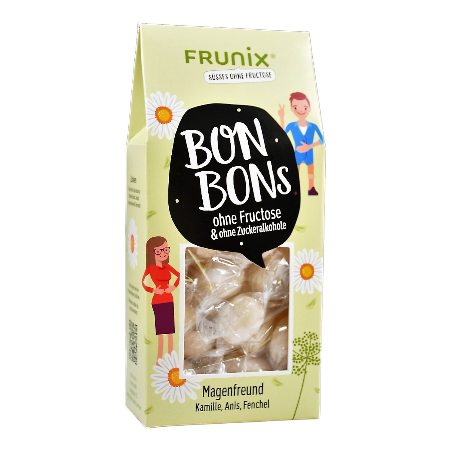 Bonbons-Packung mit Kamille, Anis, Fenchel. Gelb-grüne Verpackung mit transparentem Sichtfenster. Ohne Fructose & Zuckeralkohol.