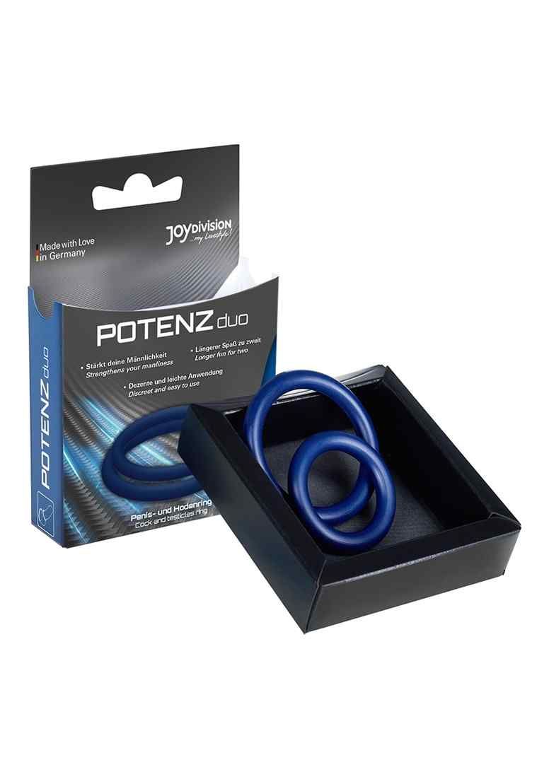 POTENZduo in schwarzer Schachtel. Zwei blaue Ringe, Produktname und Verpackung.