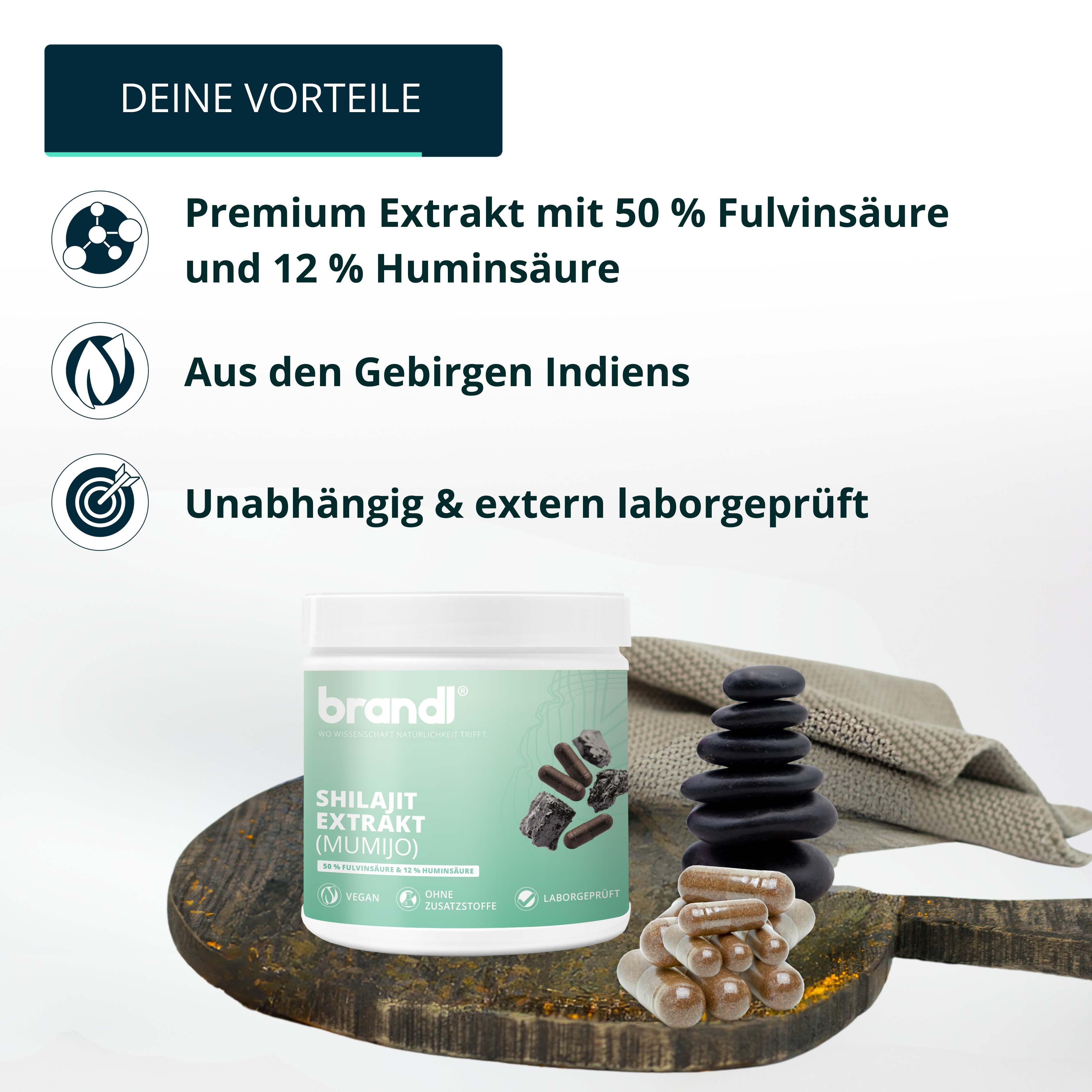 Produktglas mit Shilajit Extrakt, Steinen und Kapseln auf Holz. Text: Premium Extrakt, 50% Fulvinsäure, aus den Gebirgen Indiens.