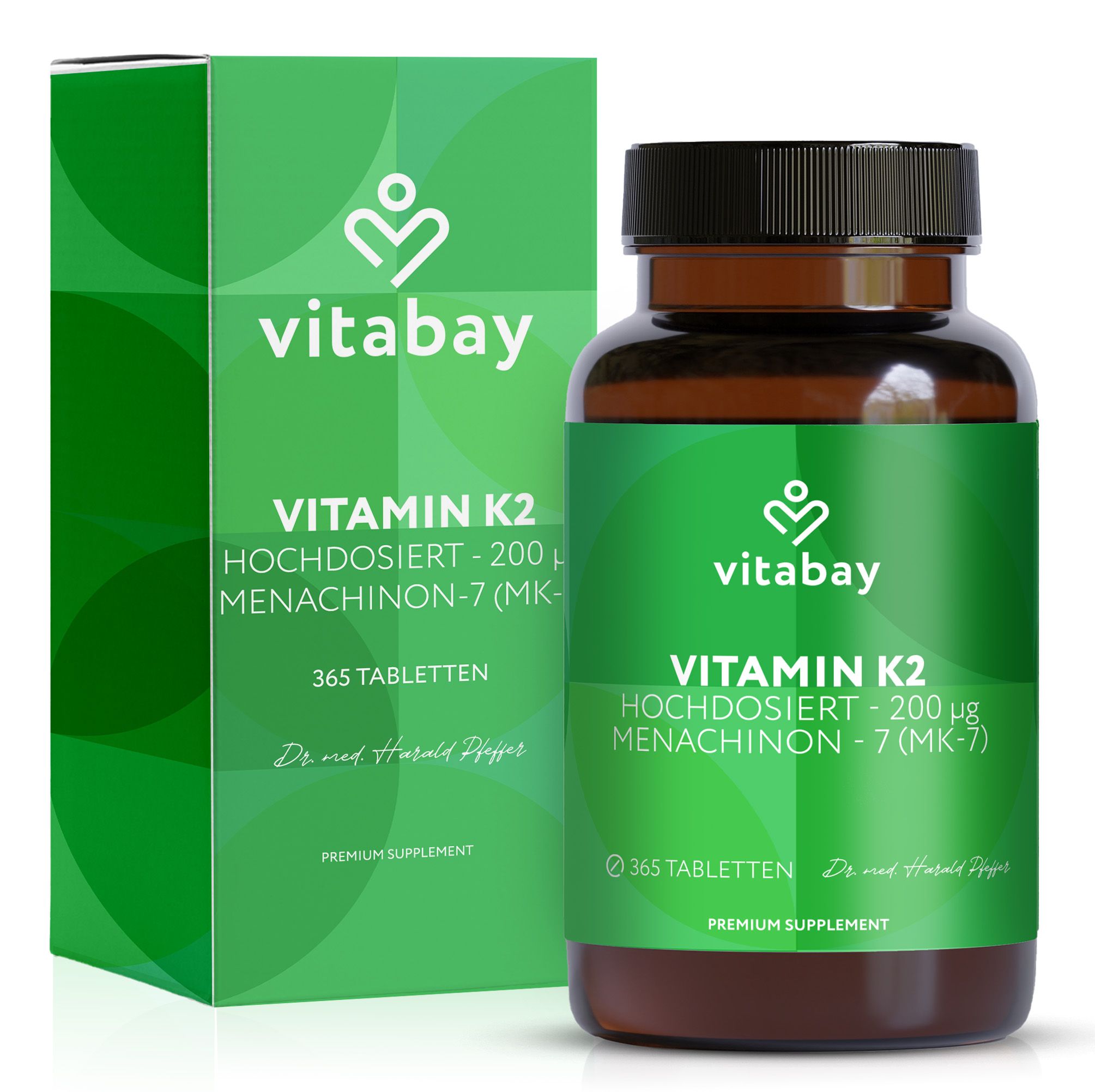 Vitabay Vitamin K2 Hochdosiert 200 µg Menachinon-7 (MK-7) in Braunglasflasche mit 365 Tabletten und grüner Faltschachtel.
