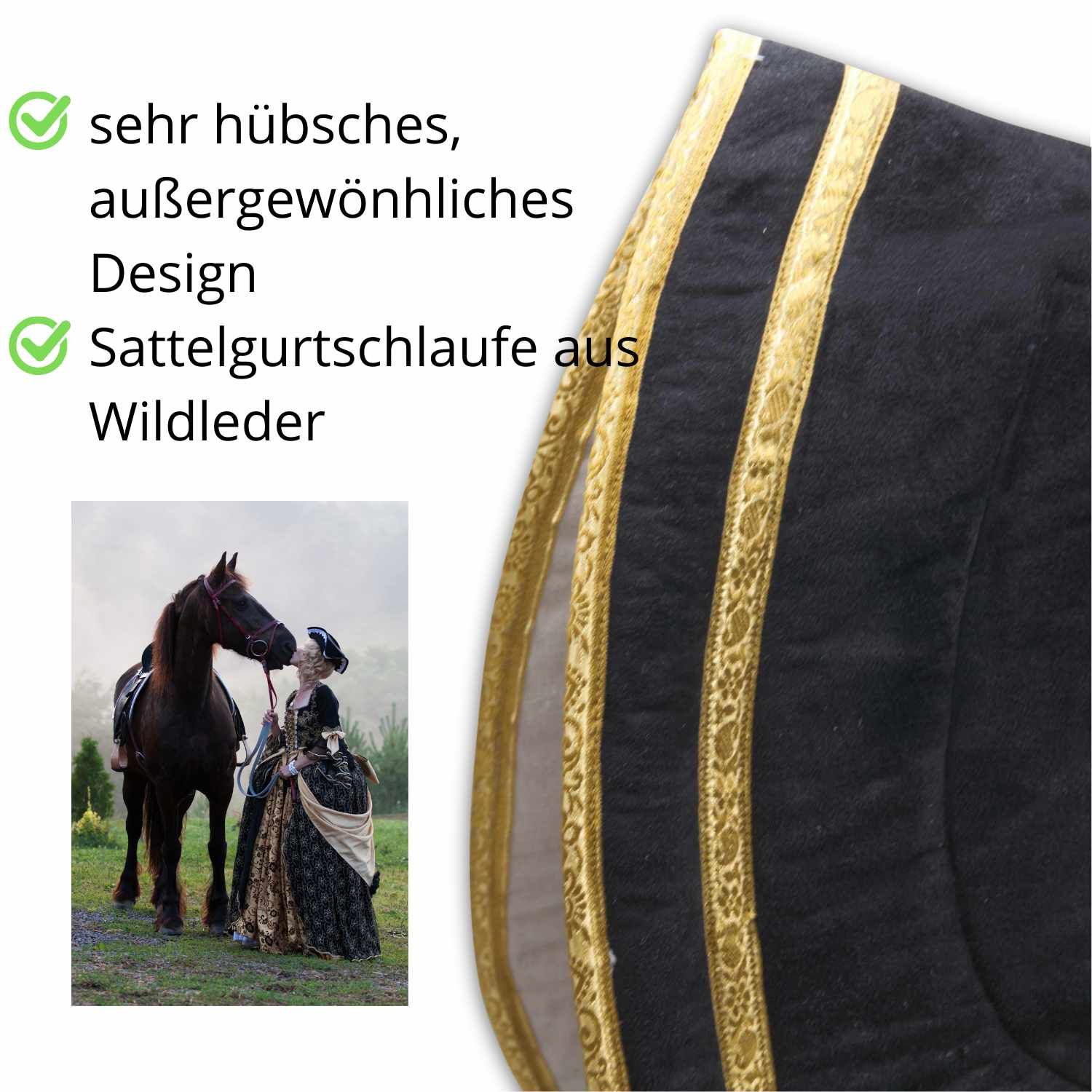 Detail der Schabracke mit goldfarbenen Zierleisten. Text: Sattelgurtschlaufe aus Wildleder.