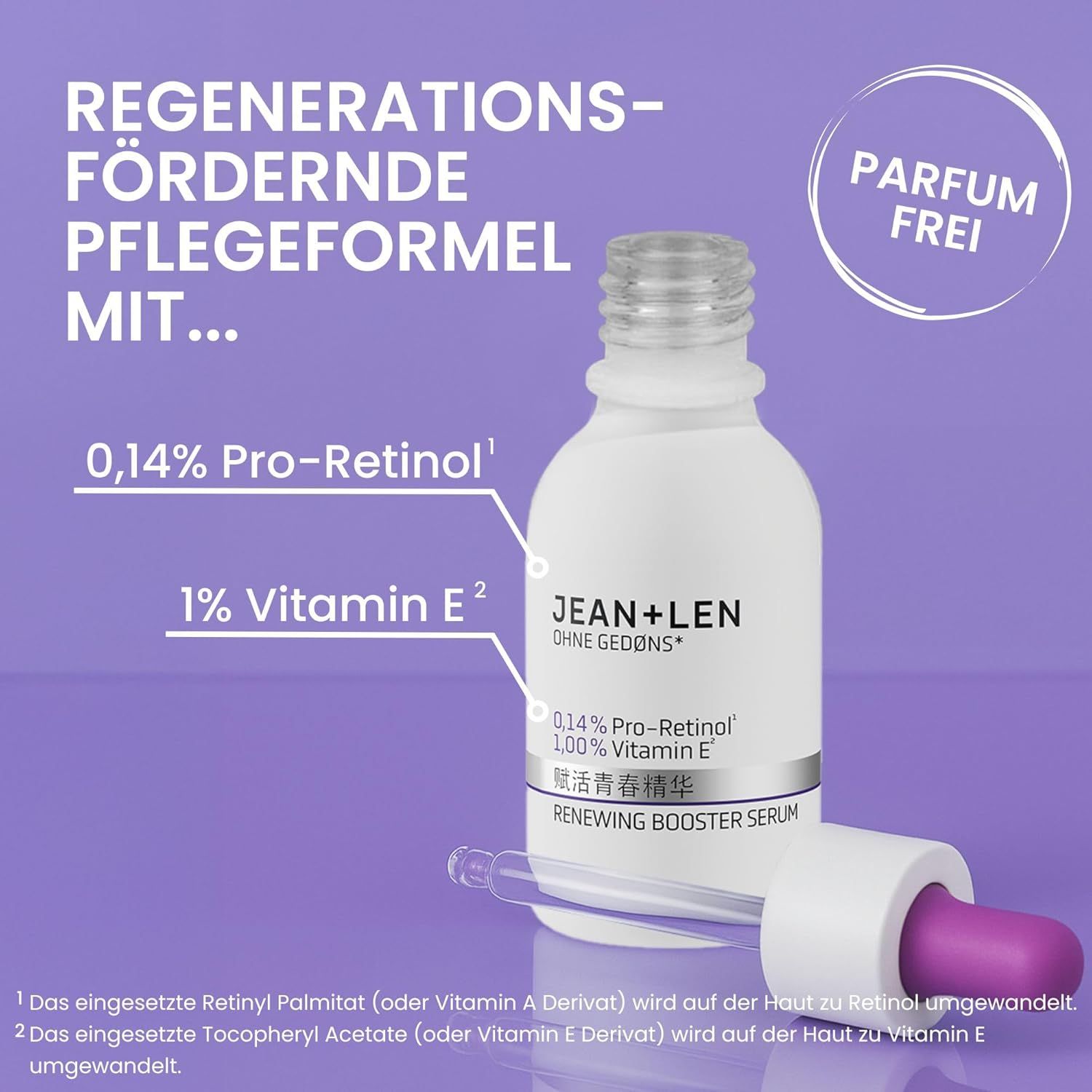 Weiße Flasche mit Pipette. Aufschrift: JEAN+LEN, 0,14% Pro-Retinol, 1% Vitamin E. Text: Regenerations-fördernde Pflegeformel. Parfumfrei.