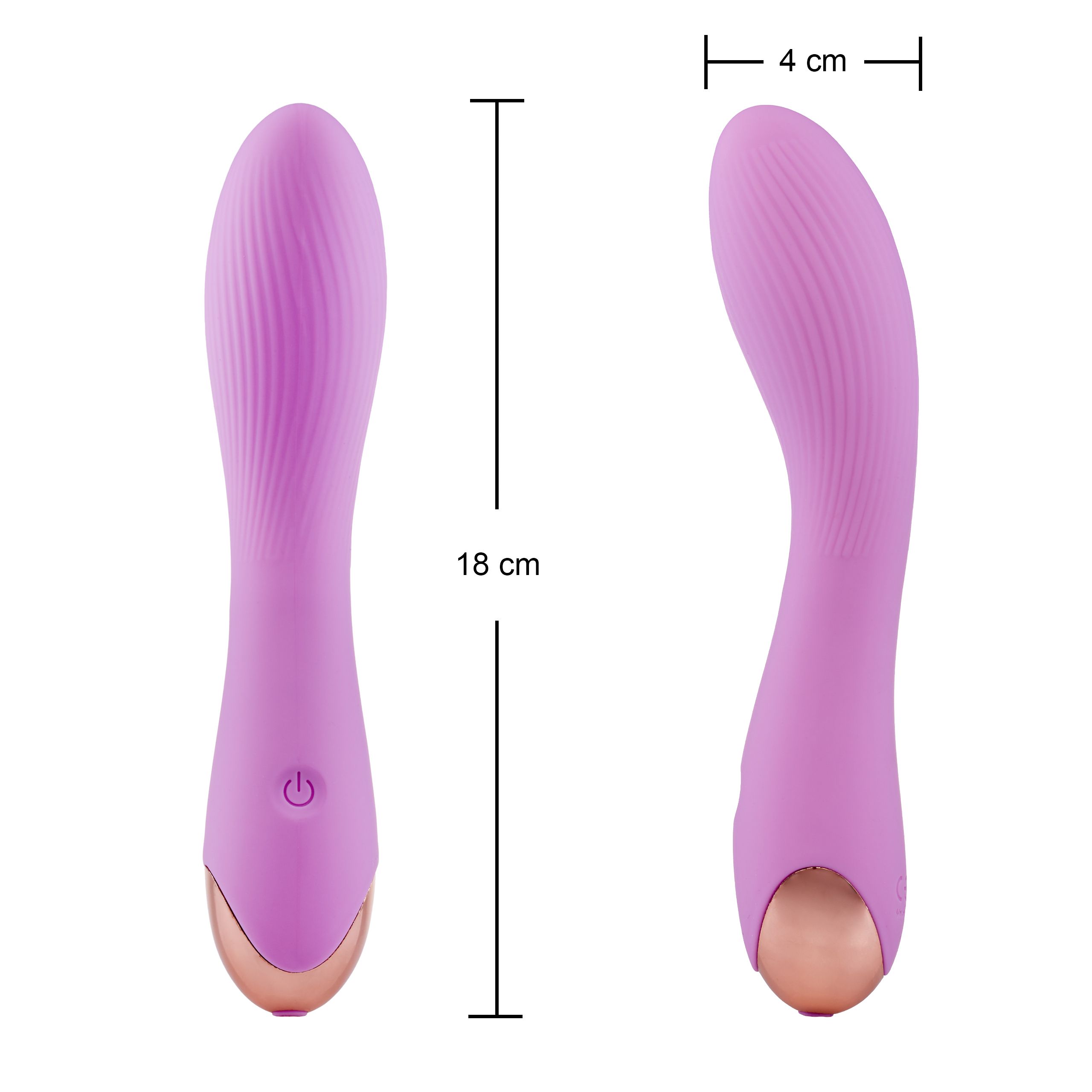 Lila Vibrator, Maße: 18 cm lang, 4 cm breit. Geriffelte Oberfläche, goldfarbener Kopf. Mit Ein-/Ausschalter.