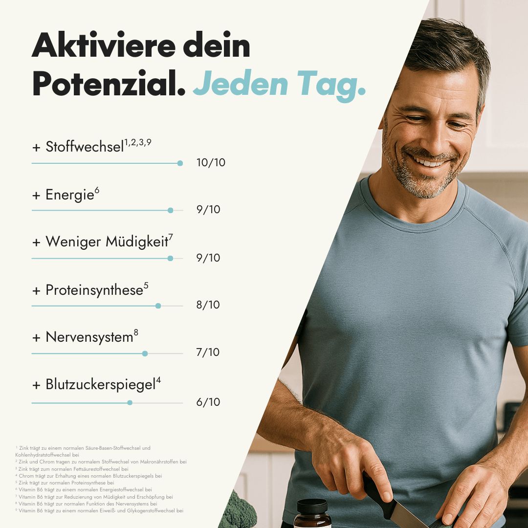 Mann schneidet Gemüse. Text: Aktiviere dein Potenzial. + Stoffwechsel, Energie, weniger Müdigkeit, Proteinsynthese, Nervensystem, Blutzuckerspiegel.