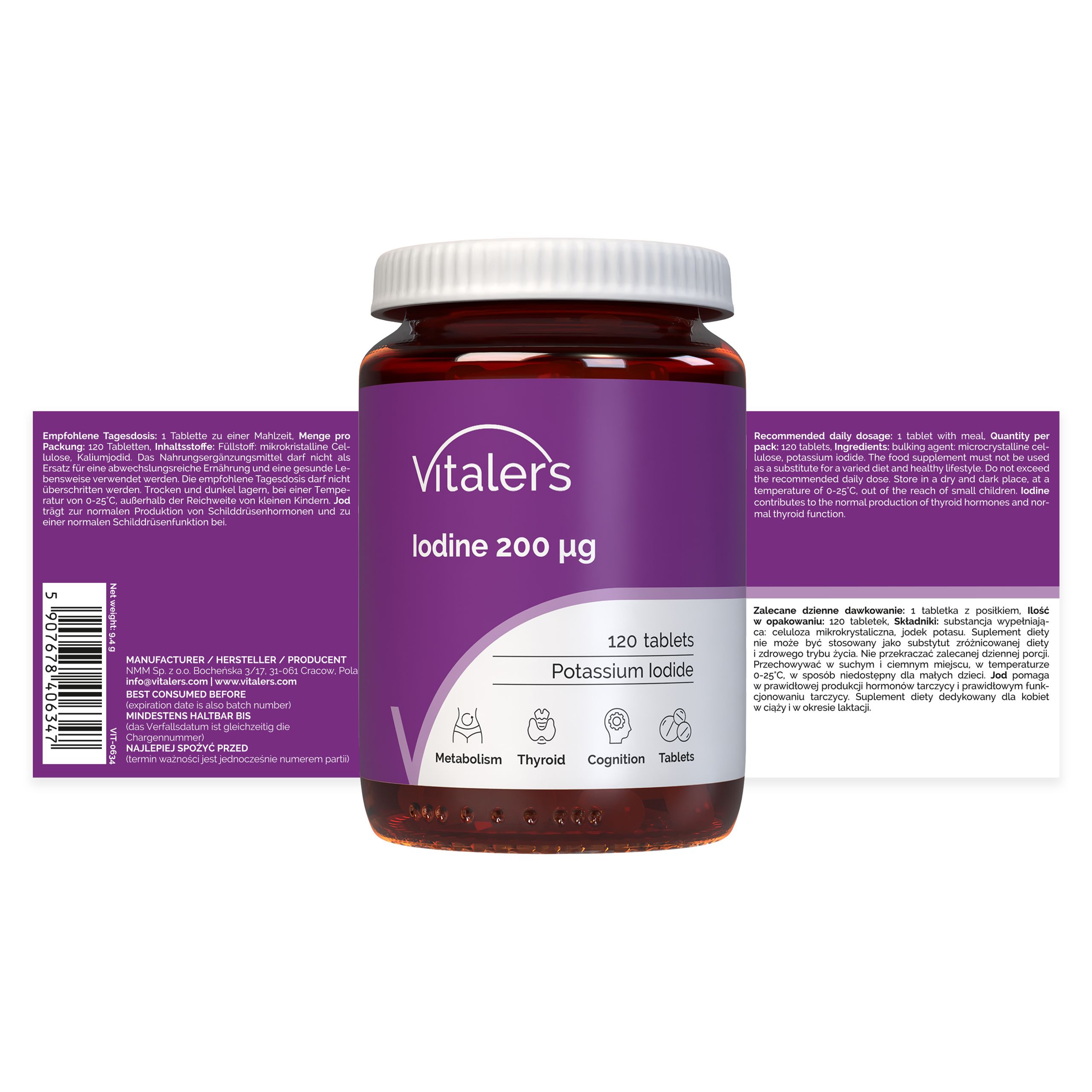Vitaler's Jod 200 µg: Braune Glasflasche und violette Kartonverpackung nebeneinander, mit detaillierten Produktinformationen.