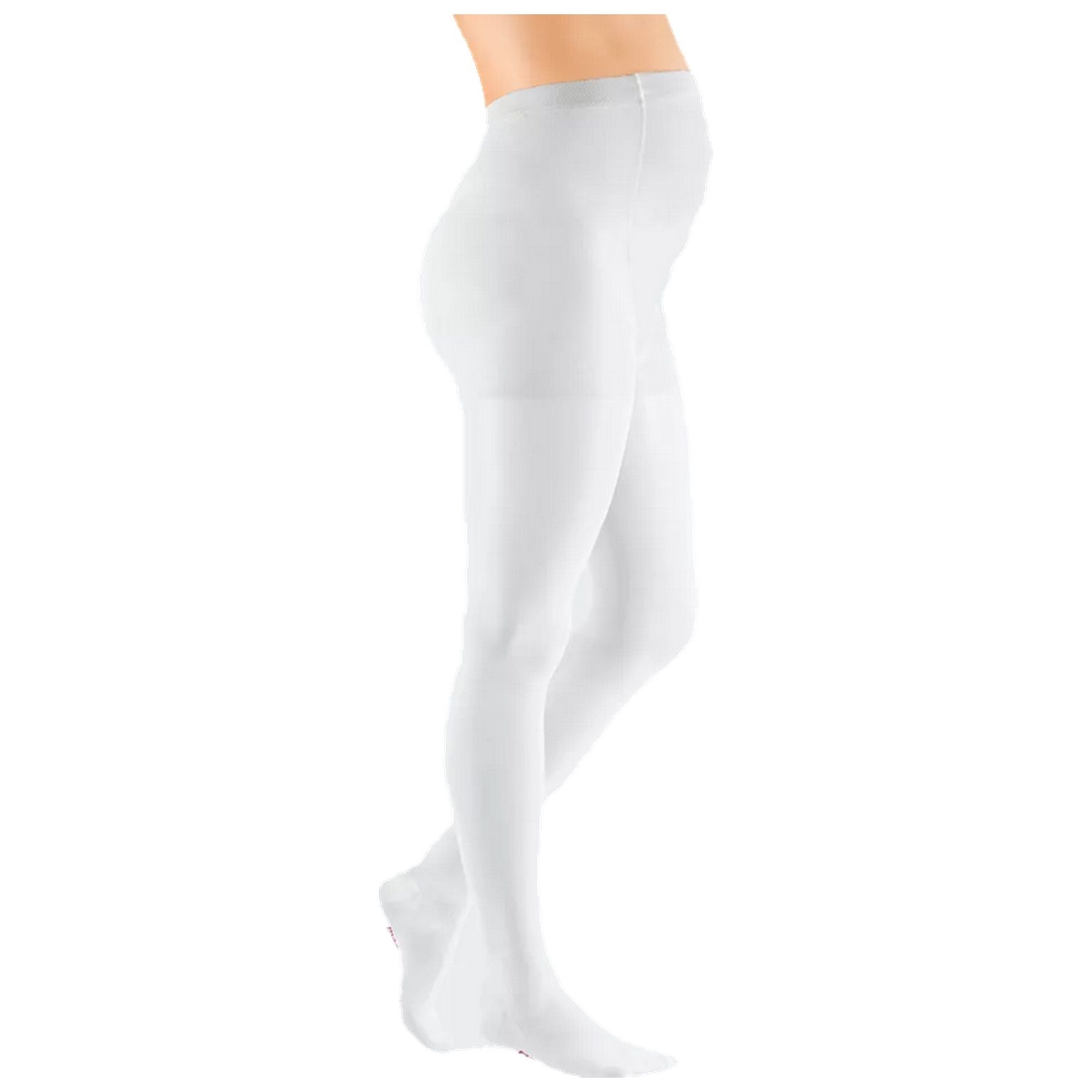 Weiße Kompressions-Umstandshose. Seitliche Ansicht einer Person, die die Hose trägt. Blick auf Bein und Fuß.