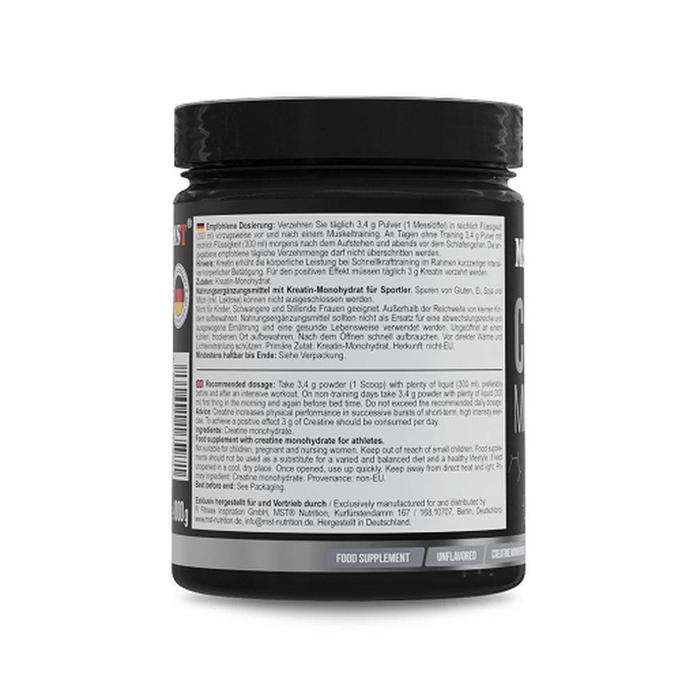 Rückseite eines schwarzen Behälters mit Anwendungshinweisen für MST Creatin Monohydrat, 1000g.