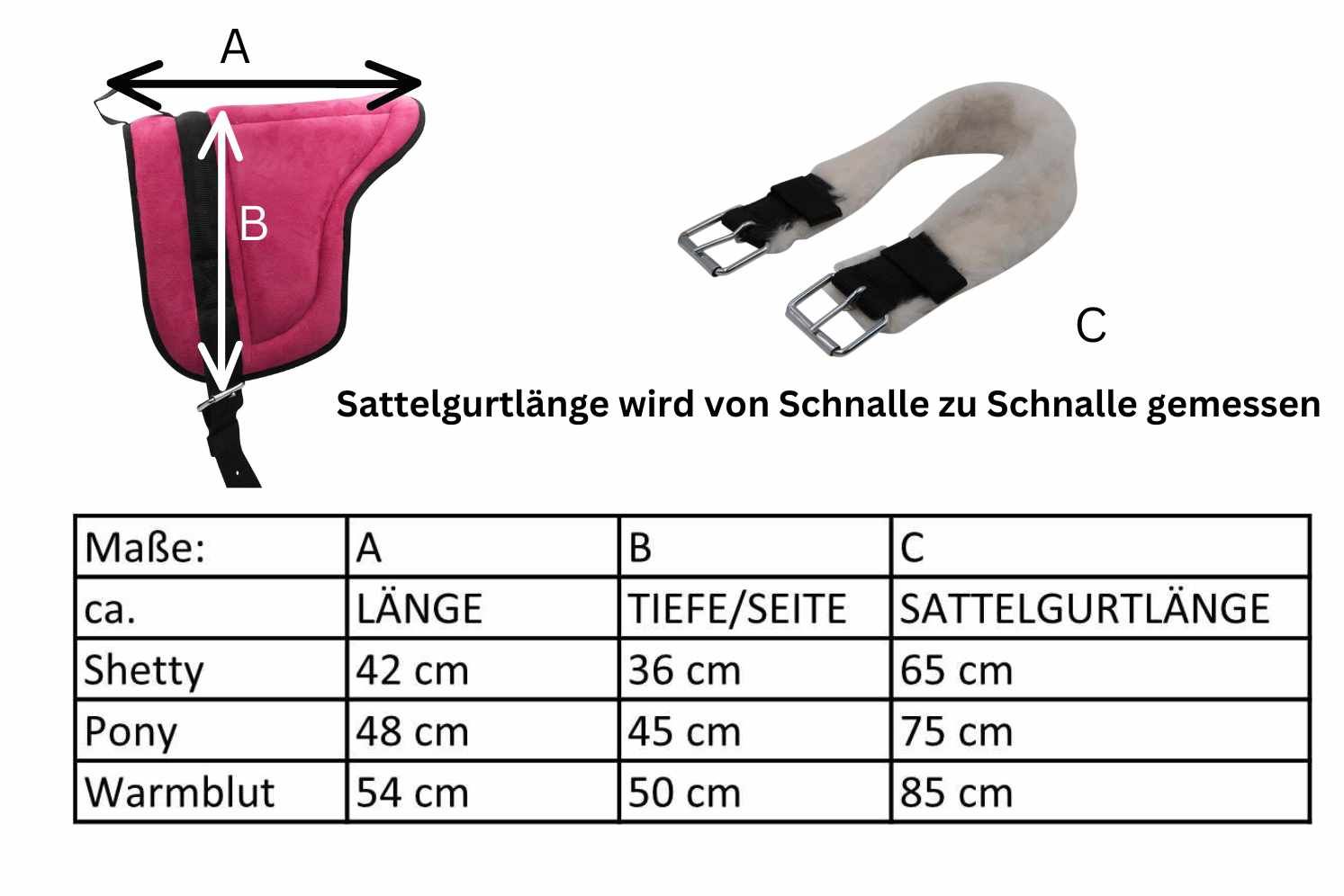 Diagramm mit Maßen für Bareback Pads. Größenangaben für Länge, Tiefe/Seite und Sattelgurtlänge.