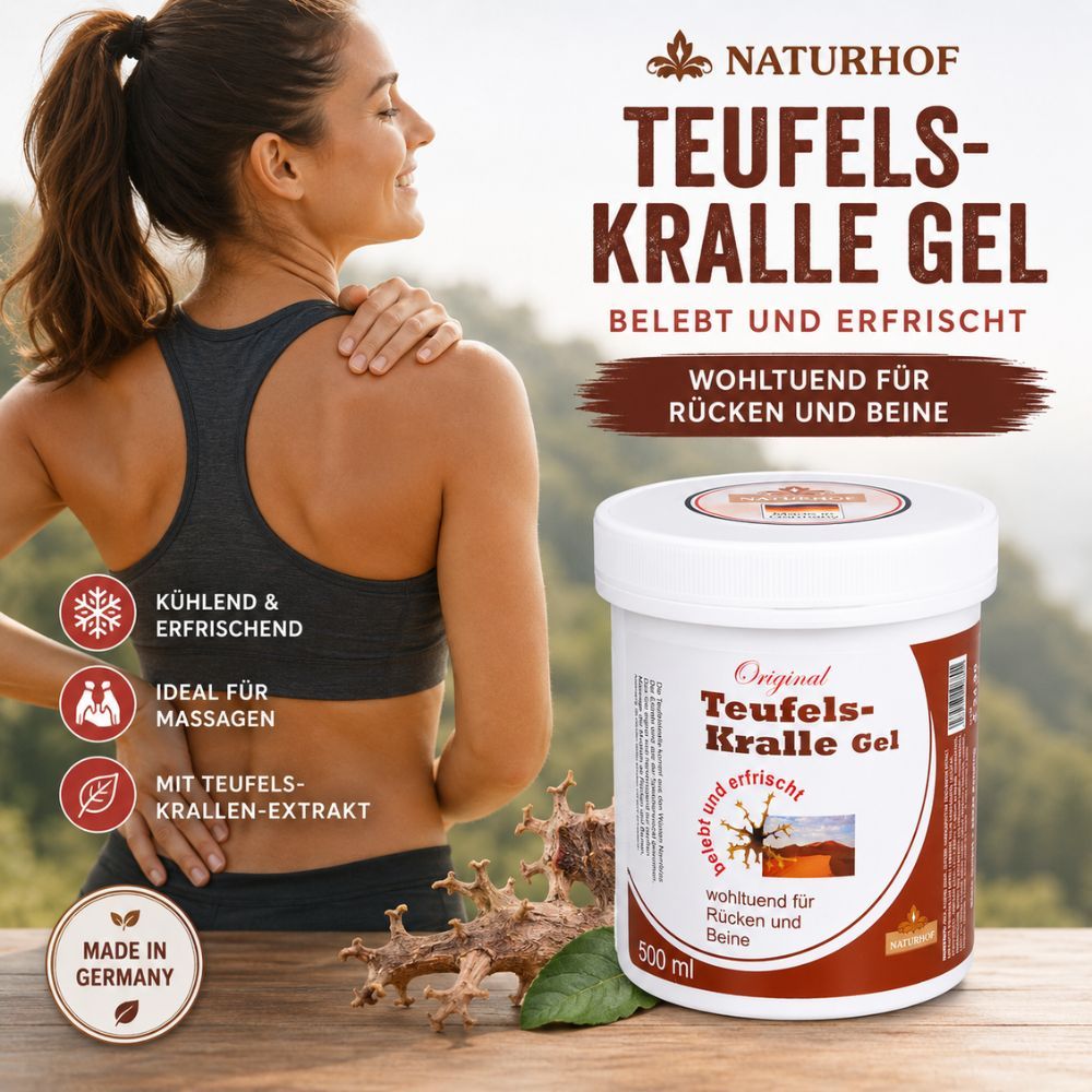 Frau massiert ihren Nacken. Daneben ein Topf NATURHOF Teufelskralle Gel und ein getrockneter Teufelskralle-Zweig.