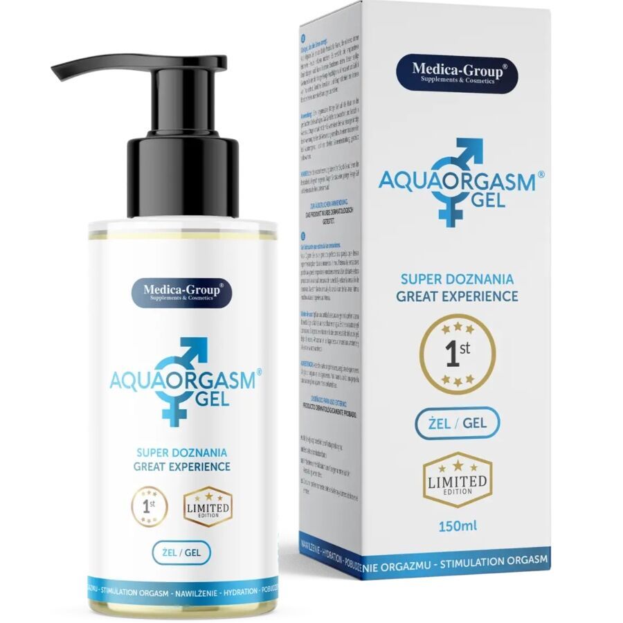 Medica-Group Aqua Orgasm Gel Flasche mit Pumpspender, Vorderansicht.