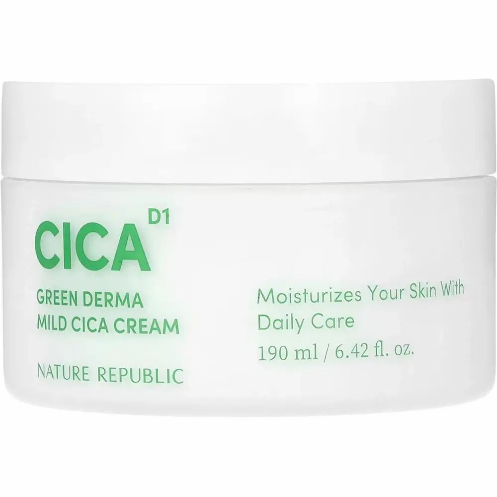 Weißer Tiegel mit grüner Aufschrift CICA, Green Derma Mild Cica Cream. Text: Nature Republic, 190 ml/6.42 fl. oz.