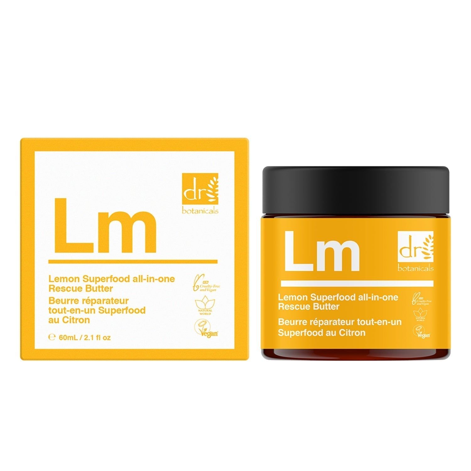 Gelbe Verpackung und Tiegel mit Aufschrift "Lm" und "dr botanicals". Text: Lemon Superfood all-in-one Rescue Butter.