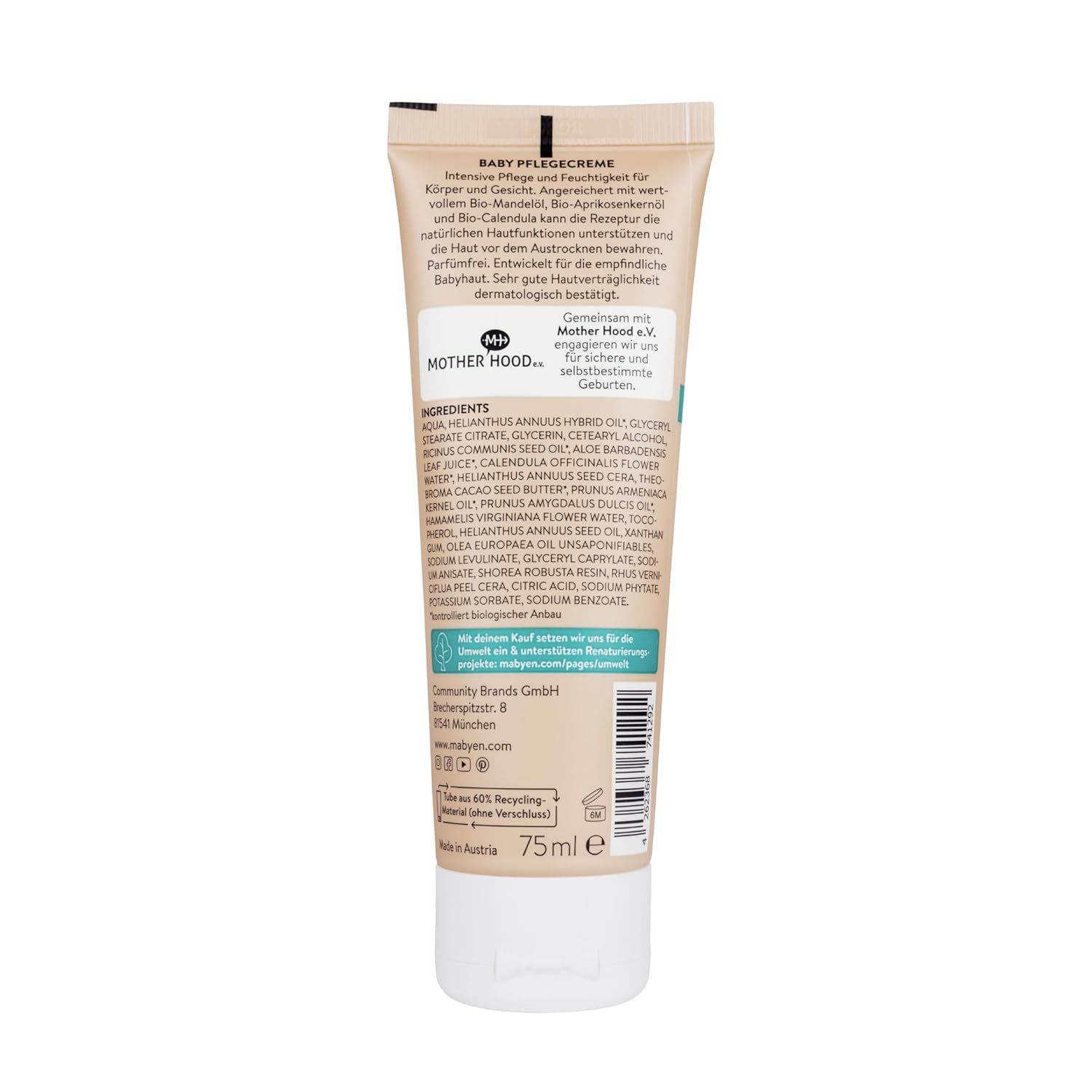 Rückseite einer Tube MABYEN Baby Pflegecreme. Enthält Informationen zu Inhaltsstoffen, Hersteller und Zertifizierungen. 75ml.