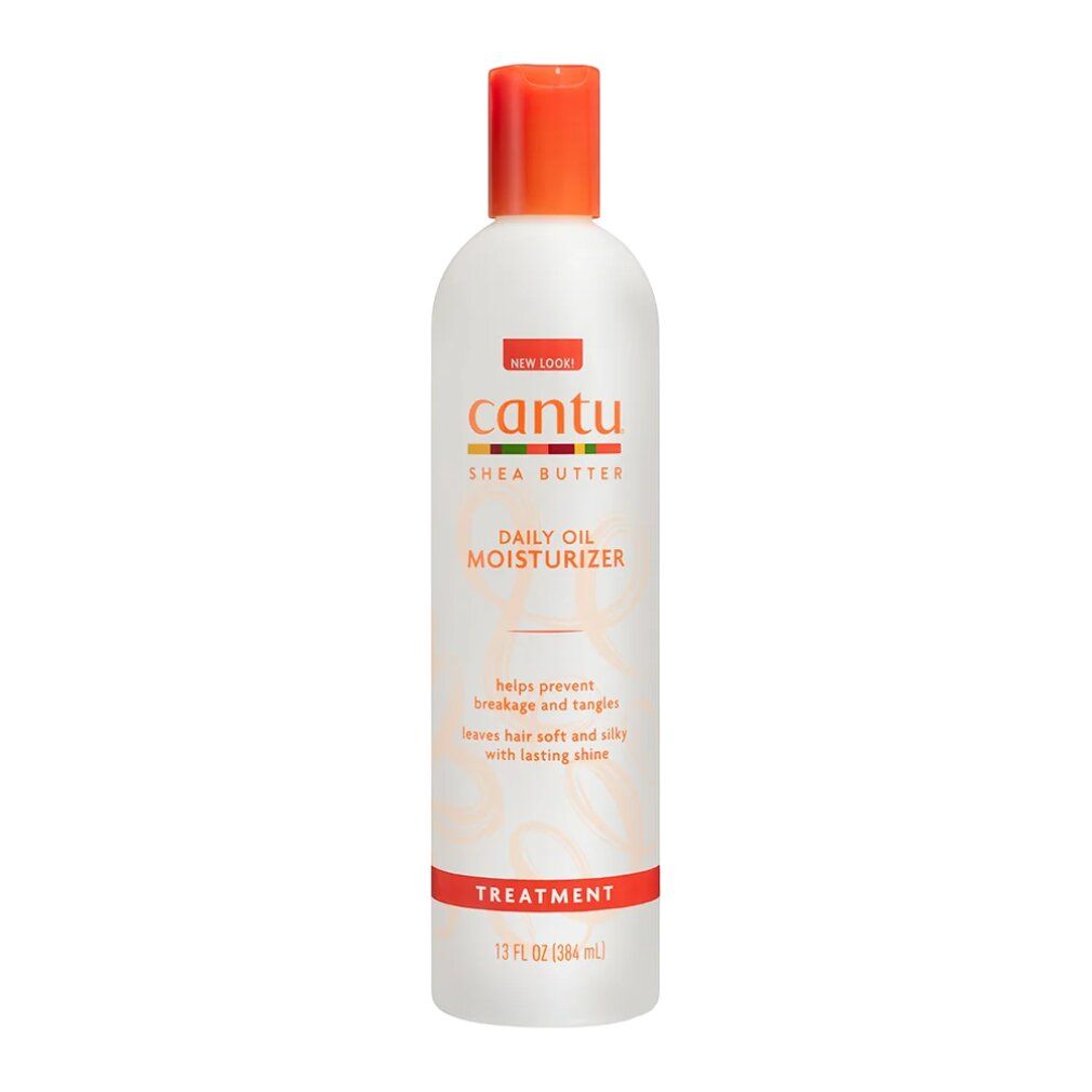 Weiße Flasche mit Cantu Shea Butter Daily Oil Moisturizer-Etikett. Enthält Text. 13 fl oz / 384 ml.