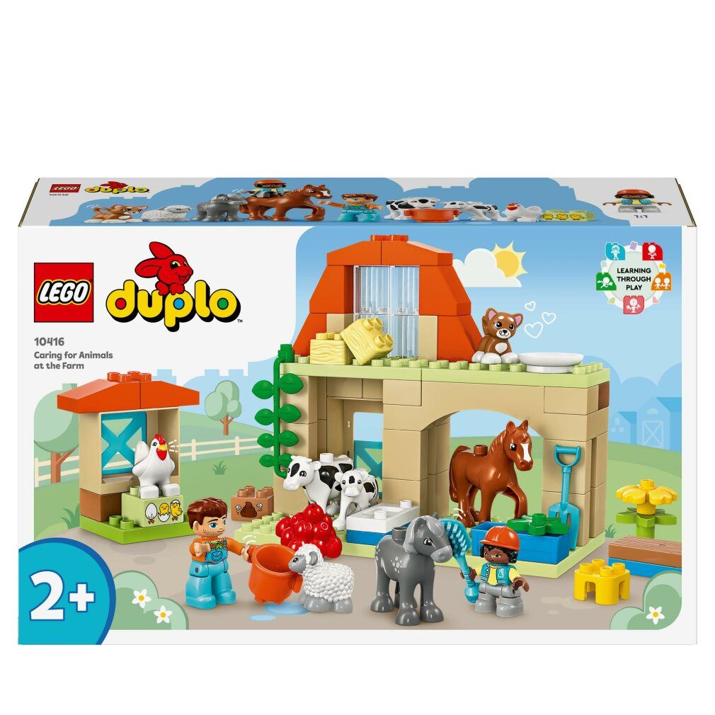LEGO Duplo-Set. Bauernhof-Spielzeug mit Figuren und Tieren. Verpackung mit Produktname und Altersempfehlung 2+. Gebäude und Tiere.