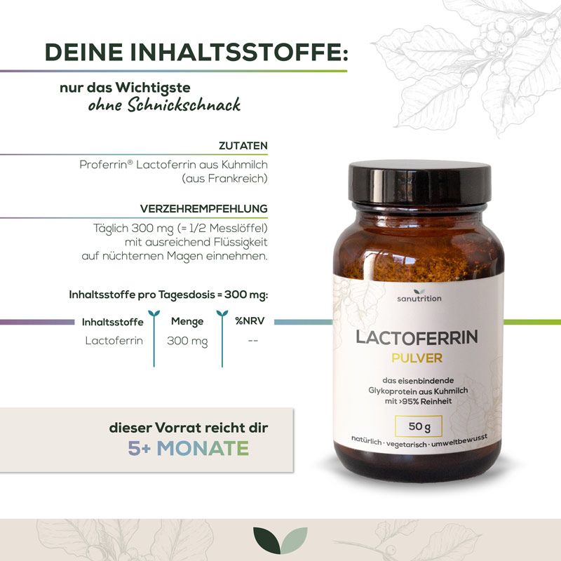 Sanutrition Lactoferrin Pulver in brauner Glasflasche. Informationen zu Inhaltsstoffen und Dosierung. 5+ Monate Vorrat.