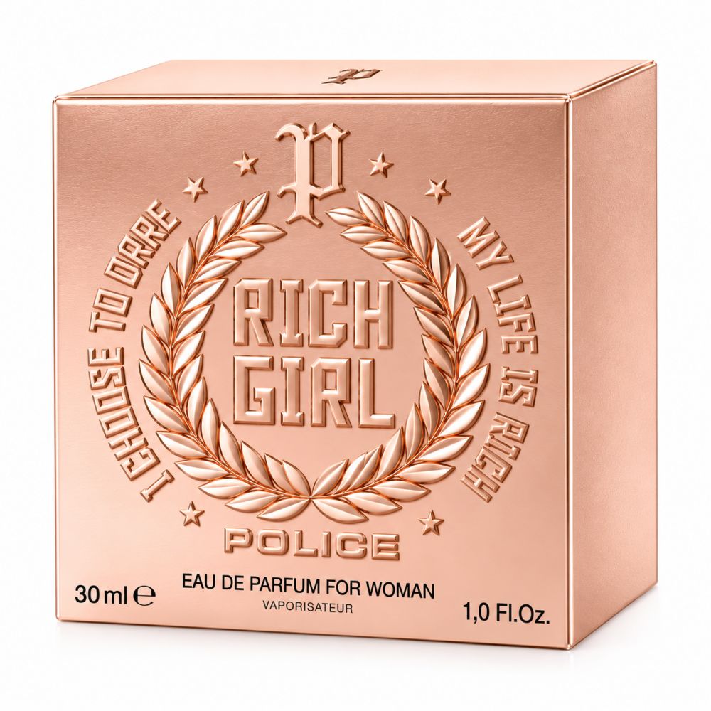 Rosegoldene Parfumverpackung mit "Rich Girl" Prägung, "Police" Logo und Lorbeerkranz. Enthält 30ml Eau de Parfum.
