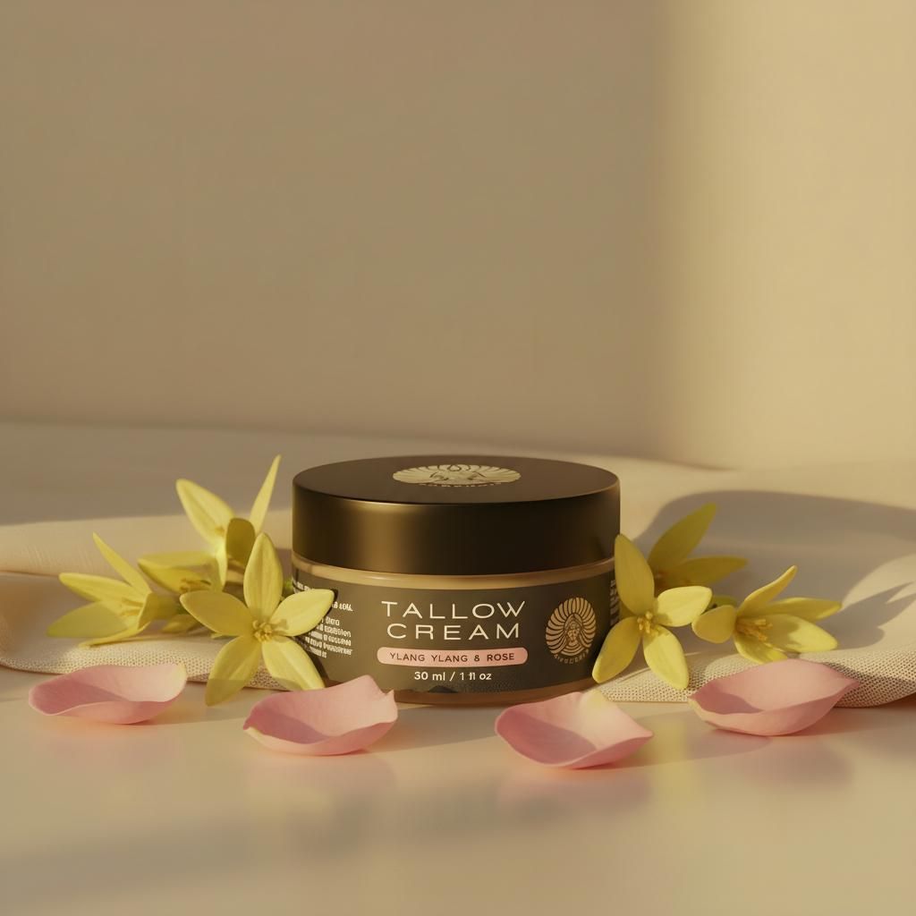Tiegel Tallow Creme, Ylang Ylang & Rose. Rosa Blütenblätter. Marke Aurendis. 30 ml/1 fl oz.