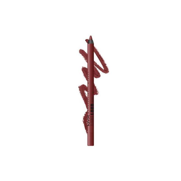 Lippenstift-Bleistift, rotbraun. Mit Schriftzug. Stiftspitze und Farbabstrich sichtbar.