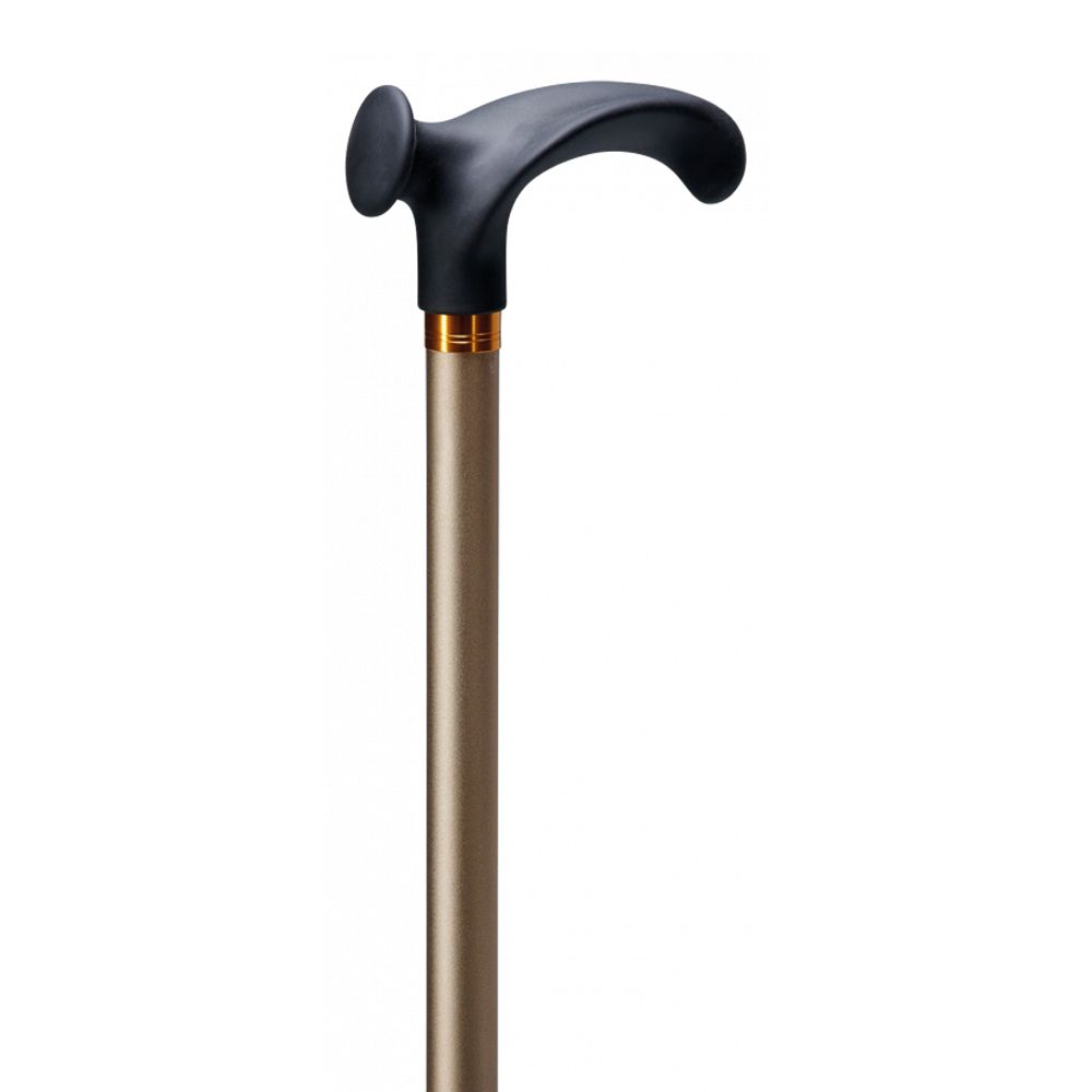 Gehstock mit schwarzem Griff und brauner Stange. Der Griff ist ergonomisch geformt. Goldfarbener Ring am Übergang.