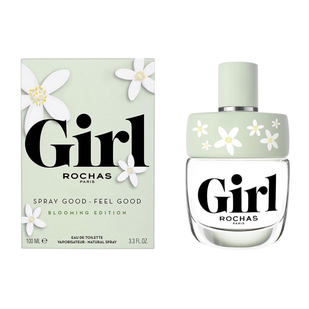 Hellgrüne Schachtel und Flakon. Aufschrift "Girl" und "Rochas Paris". Flakon mit Blumenmuster und "Eau de Toilette".