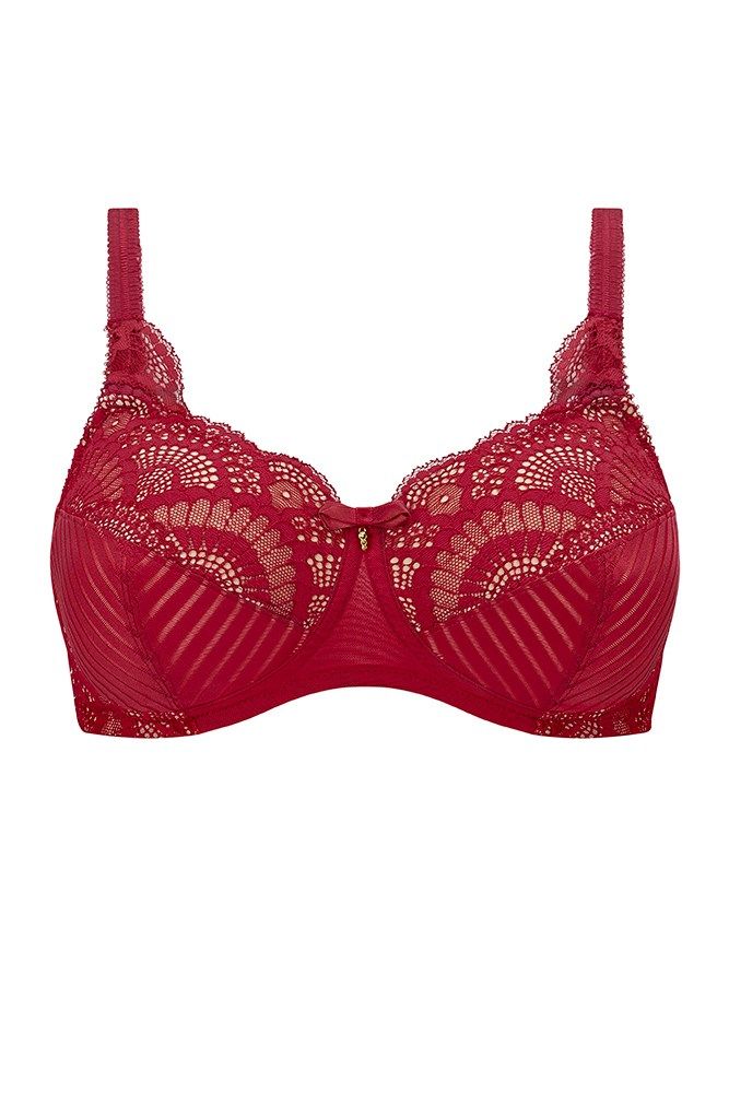 Roter BH mit Spitze und geometrischem Muster. Verstellbare Träger. Frontansicht.