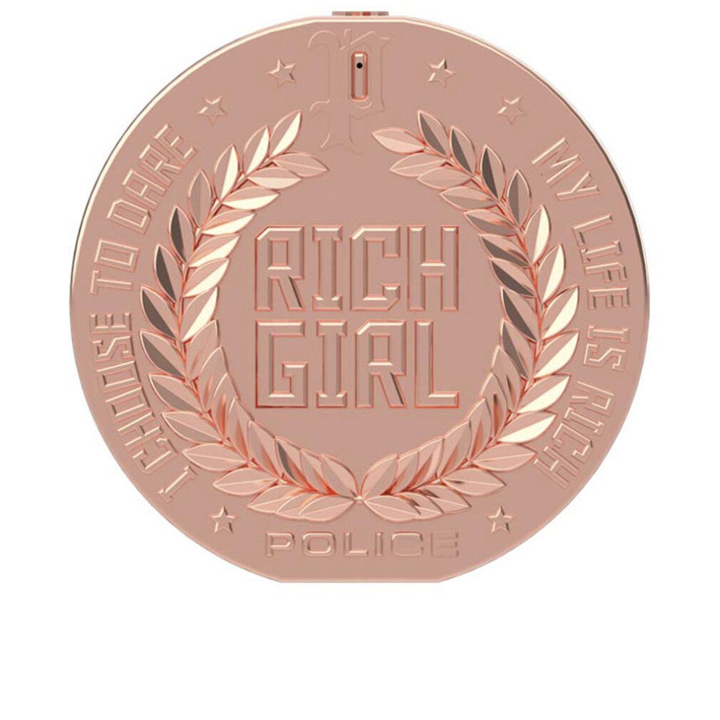 Roségoldfarbener, runder Behälter. Aufschrift: RICH GIRL, POLICE. Lorbeerkranz und Text umranden das Logo. Sterne.