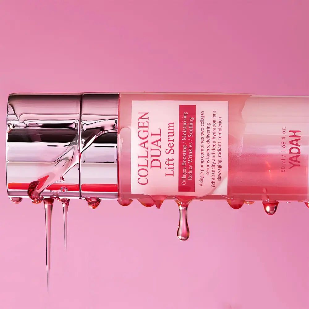 YADAH Collagen Dual Lift Serum Flasche mit tropfendem Serum.