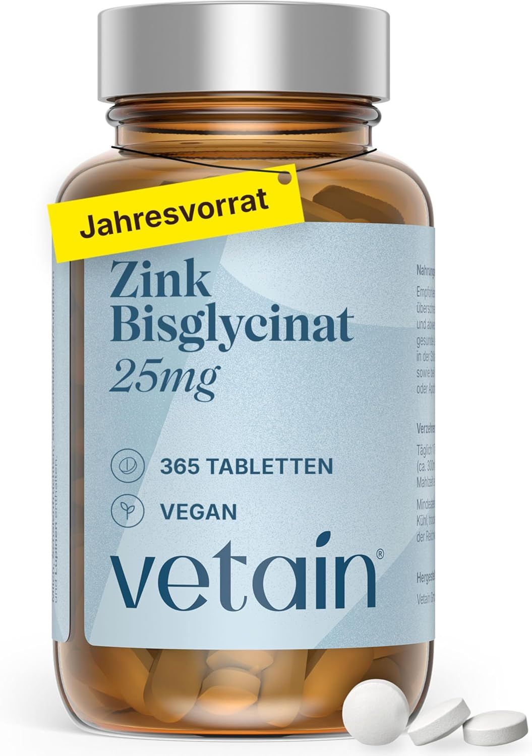 Vetaing Zink Bisglycinat 25mg Tabletten in Braunglasflasche mit 365 Tabletten, vegan.