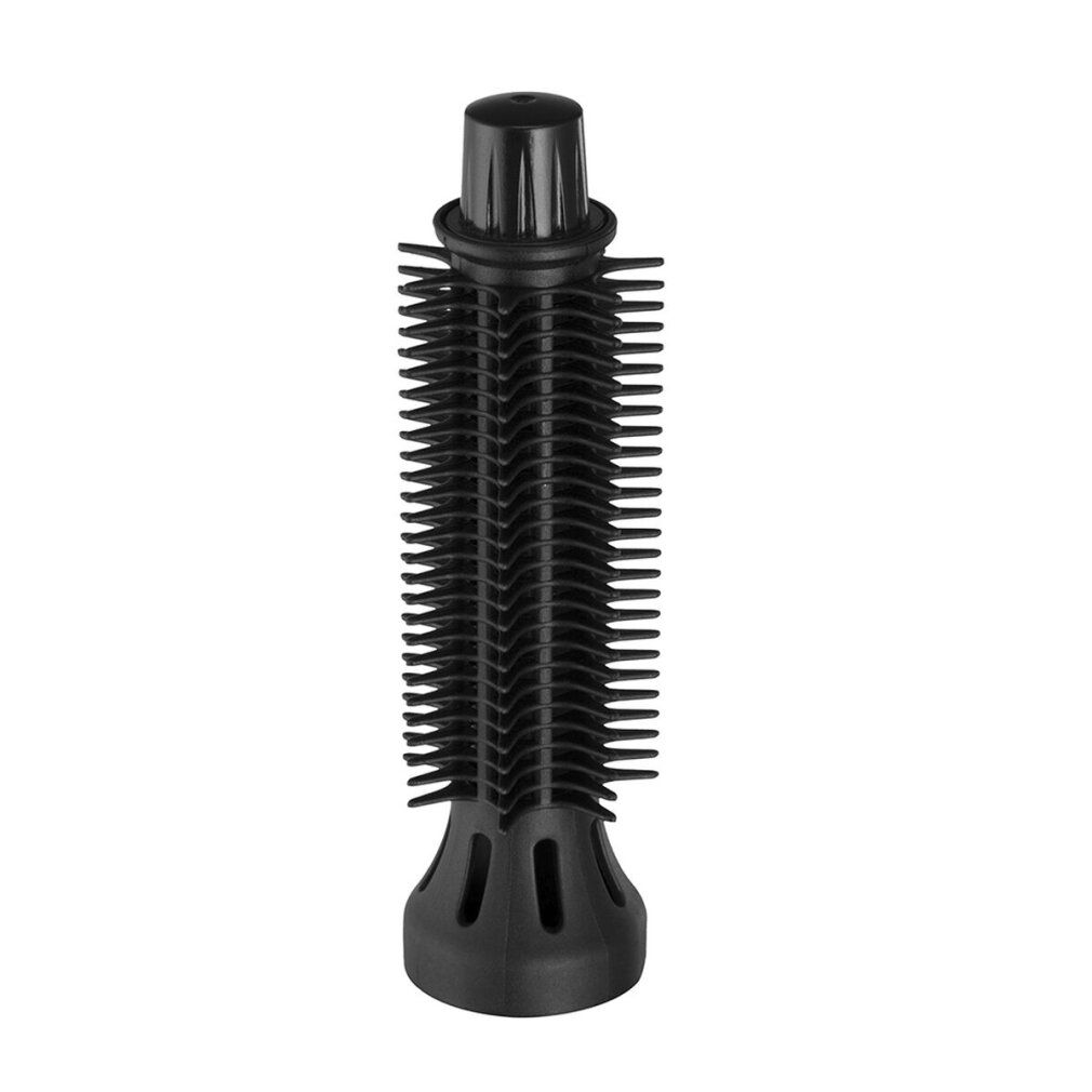 Schwarzer Bürstenaufsatz für Haarstyler. Zylindrische Form mit Borsten.